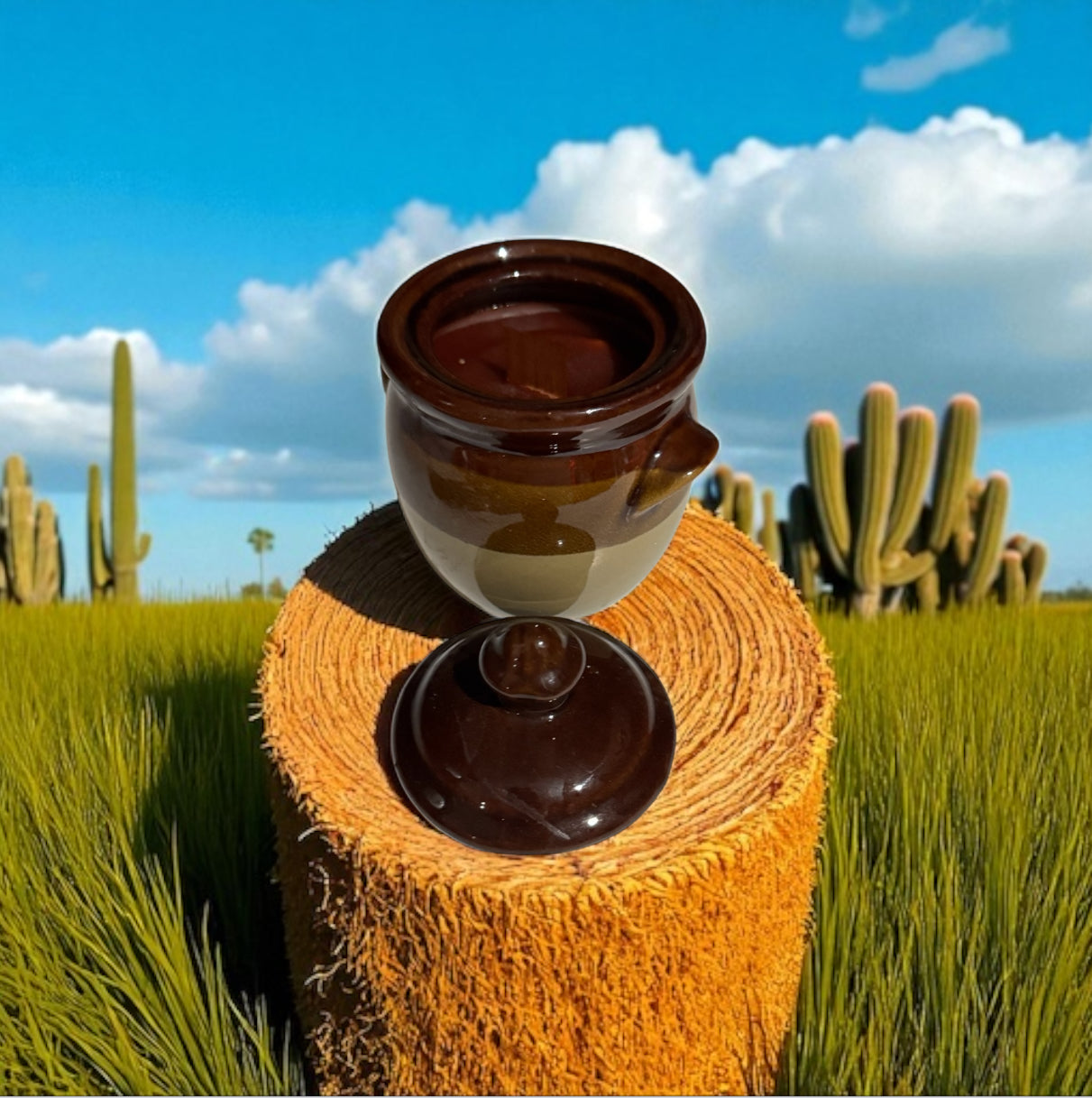 Leather 6fl oz Repurposed Vintage Mini Crock Stoneware