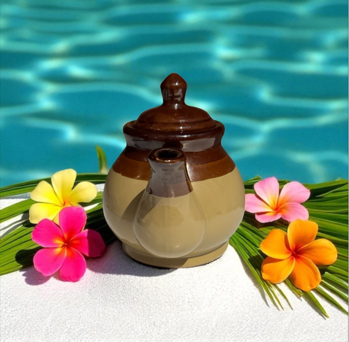 Caribbean Teakwood Repurposed Vintage Stoneware Crock Teapot 22fl oz