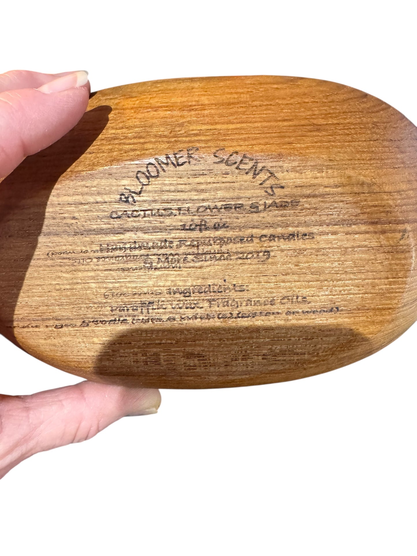 Handmade Cactus Flower & Jade Candle, Repurposed Vintage Wooden Bowl, 10 fl oz, Wood Wicks