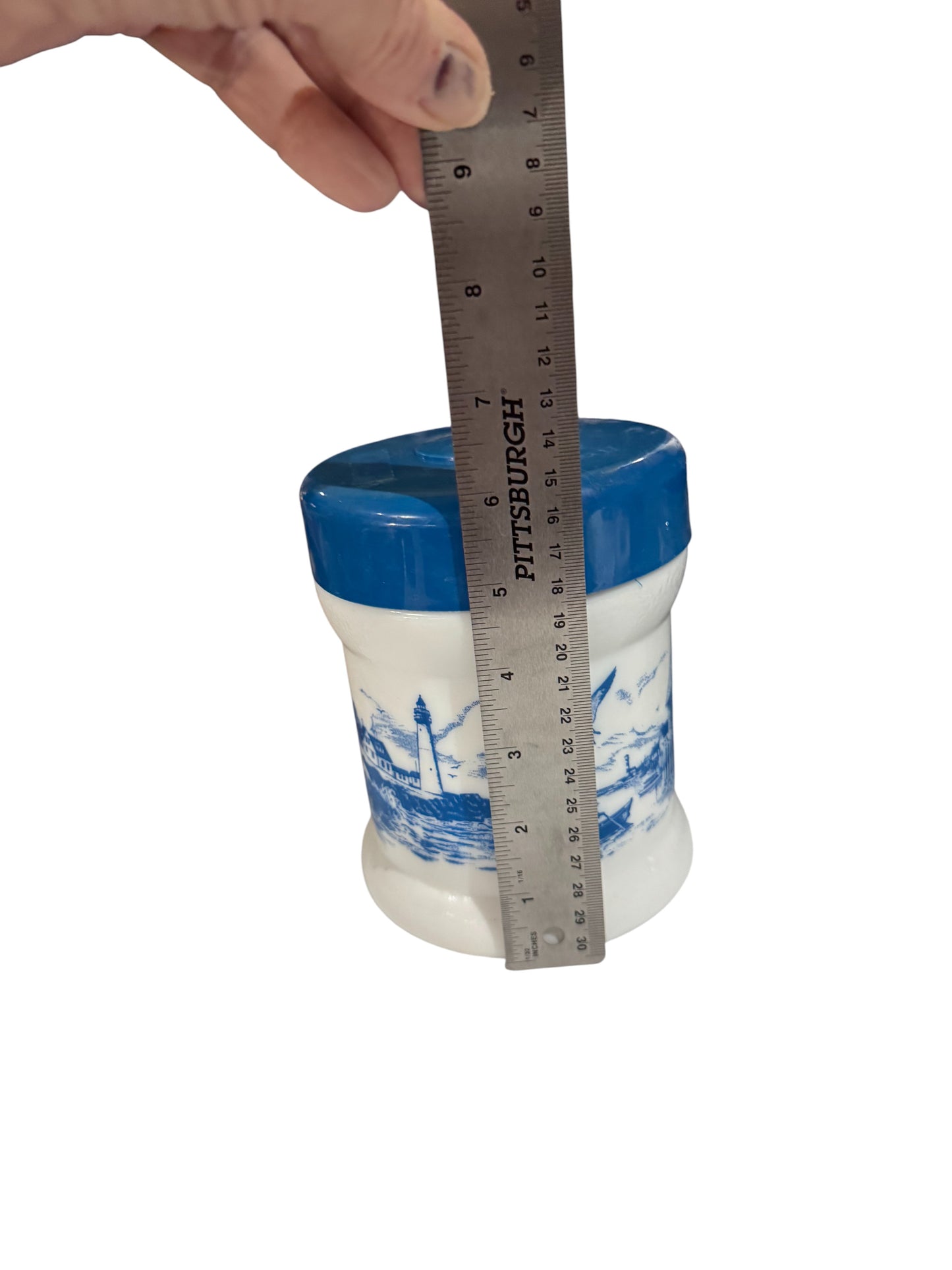 Mediterranean Fig Repurposed Rare Vintage Coastal Scene Milk Glass Jar 38fl oz