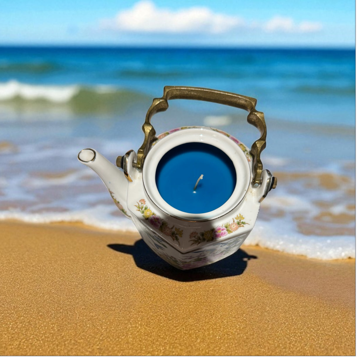 Ocean Vibes 32fl oz Candle!! Repurposed Vintage, Rare Japanese Hand Painted Tea Pot Vessel