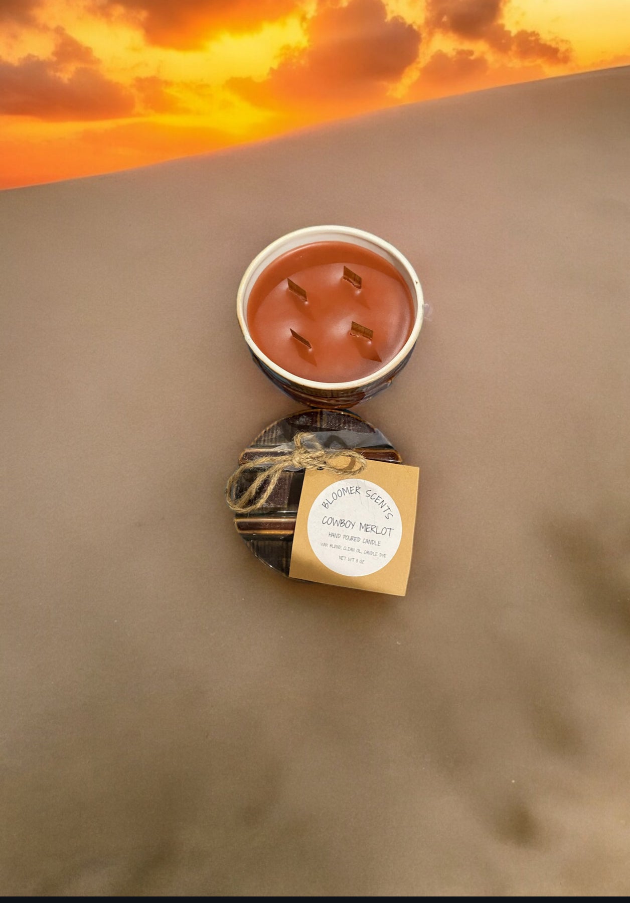 Cowboy Merlot Repurposed Vintage Crock Candle 8fl oz
