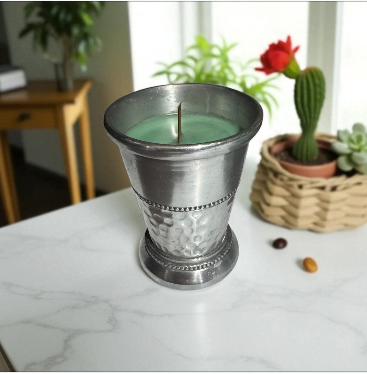 Cactus Flower & Jade 8fl oz Candle Repurposed Vintage Deco Metal Vase