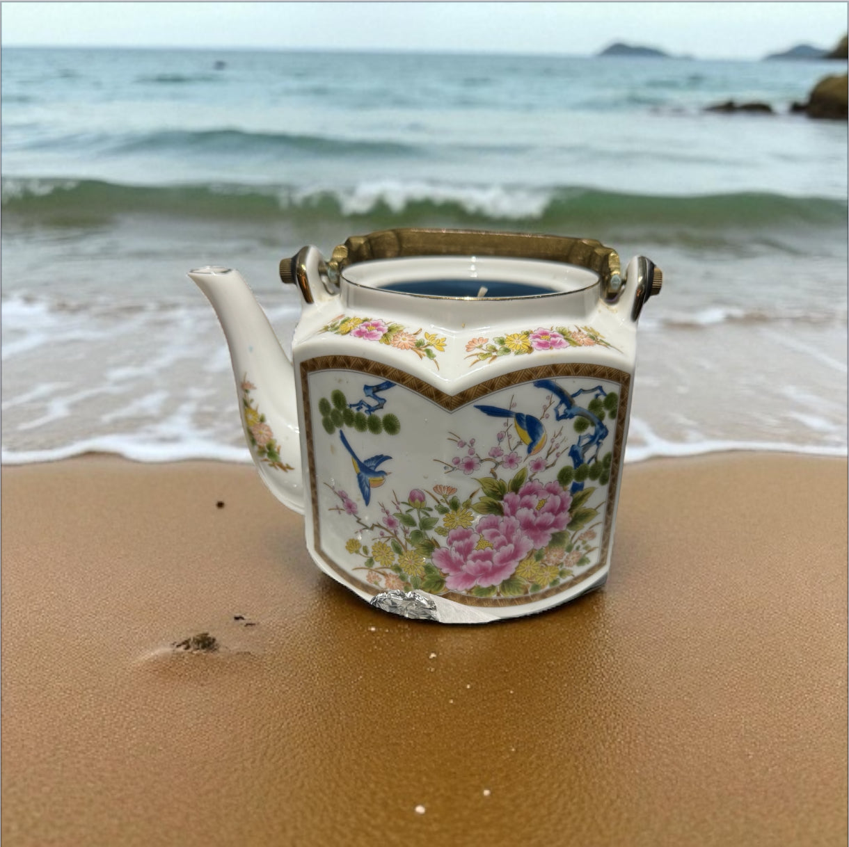 Ocean Vibes 32fl oz Candle!! Repurposed Vintage, Rare Japanese Hand Painted Tea Pot Vessel