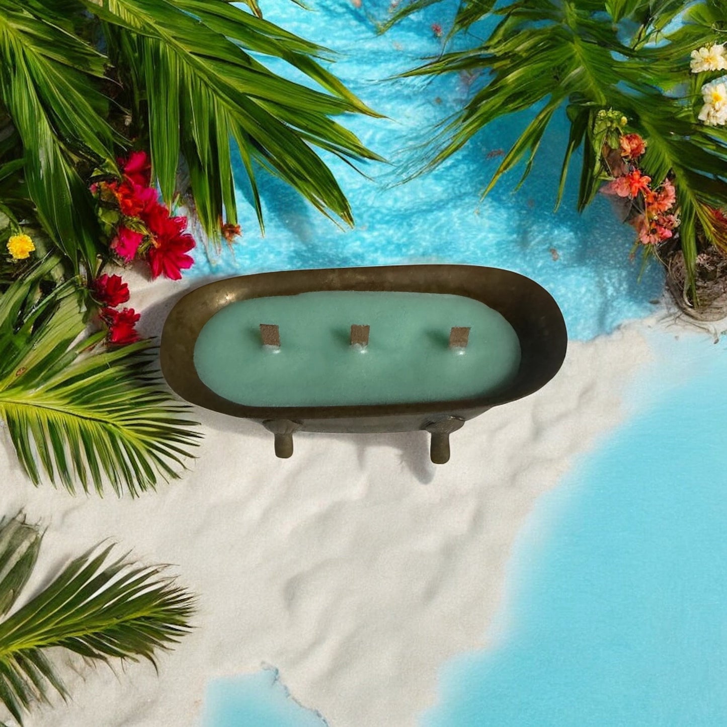 Seaside Serenity Repurposed Rare Brass Mini Bathtub Candle 6fl oz