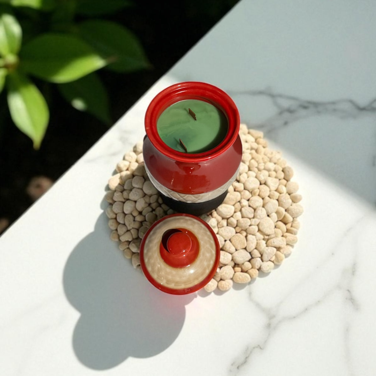 Cactus Flower & Jade Candle 24fl oz Repurposed Vintage Ceramic Red Tan Basket Jar