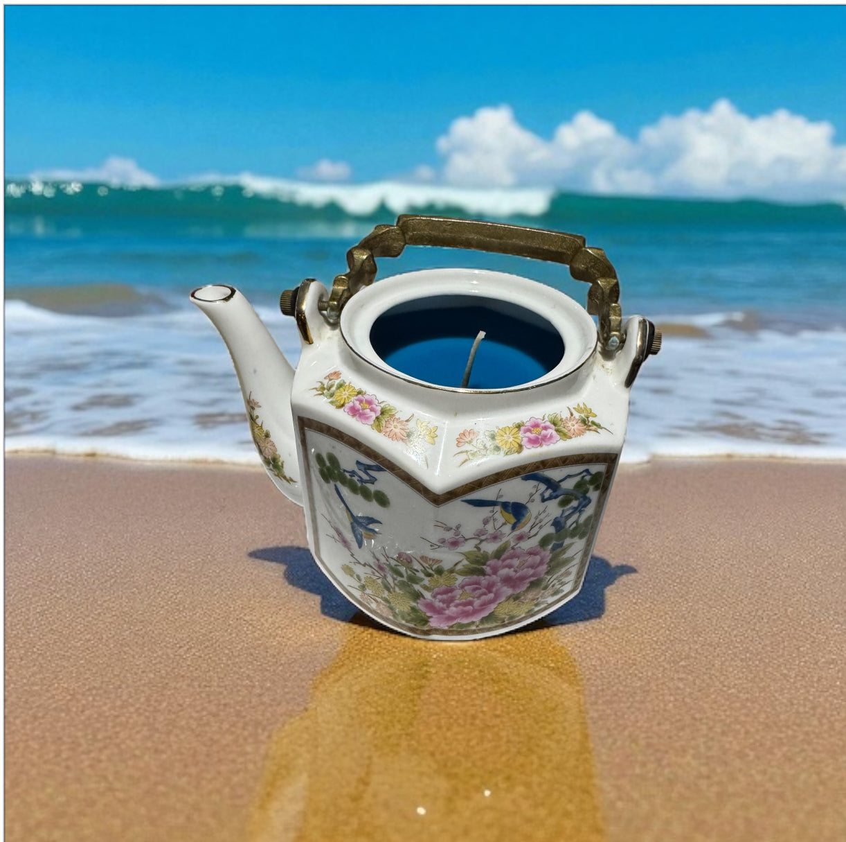 Ocean Vibes 32fl oz Candle!! Repurposed Vintage, Rare Japanese Hand Painted Tea Pot Vessel