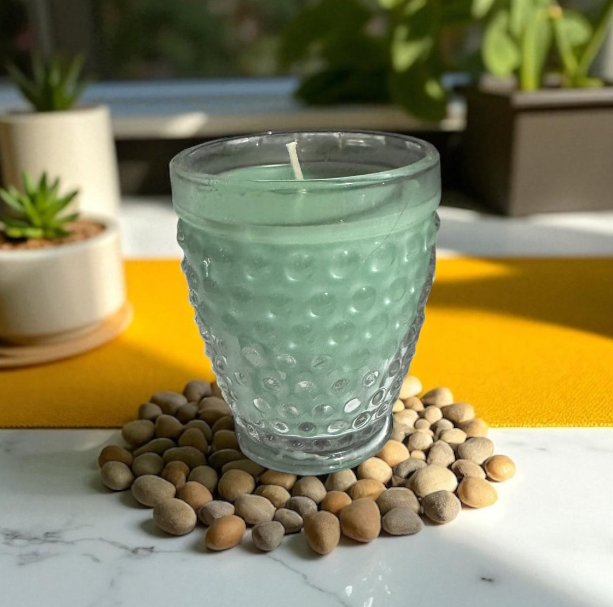 Cactus Flower & Jade 8fl oz Repurposed Vintage Hobnail Glass