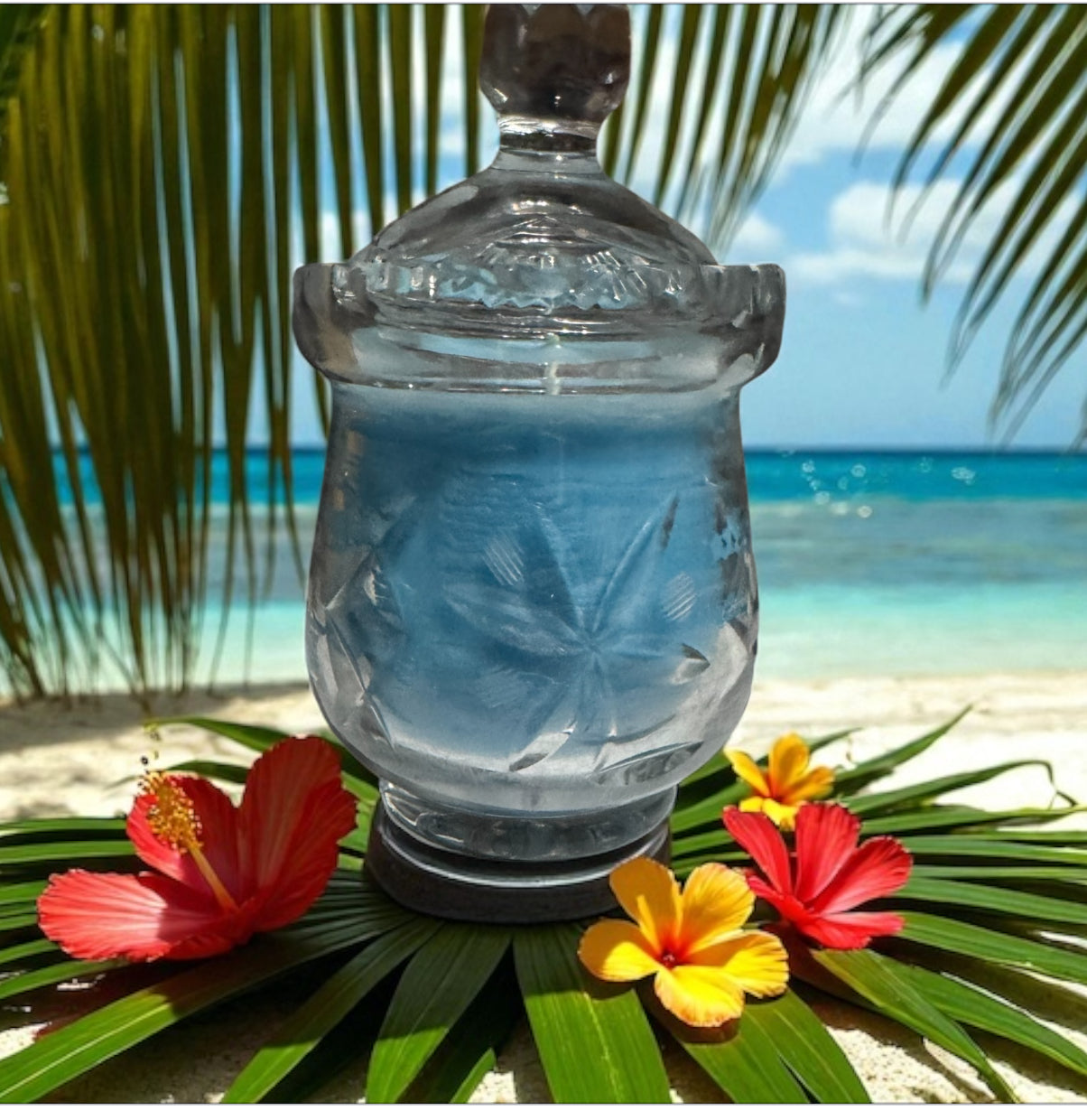 Caribbean Teakwood Repurposed Vintage Etched Jam Jar  Candle 8fl oz
