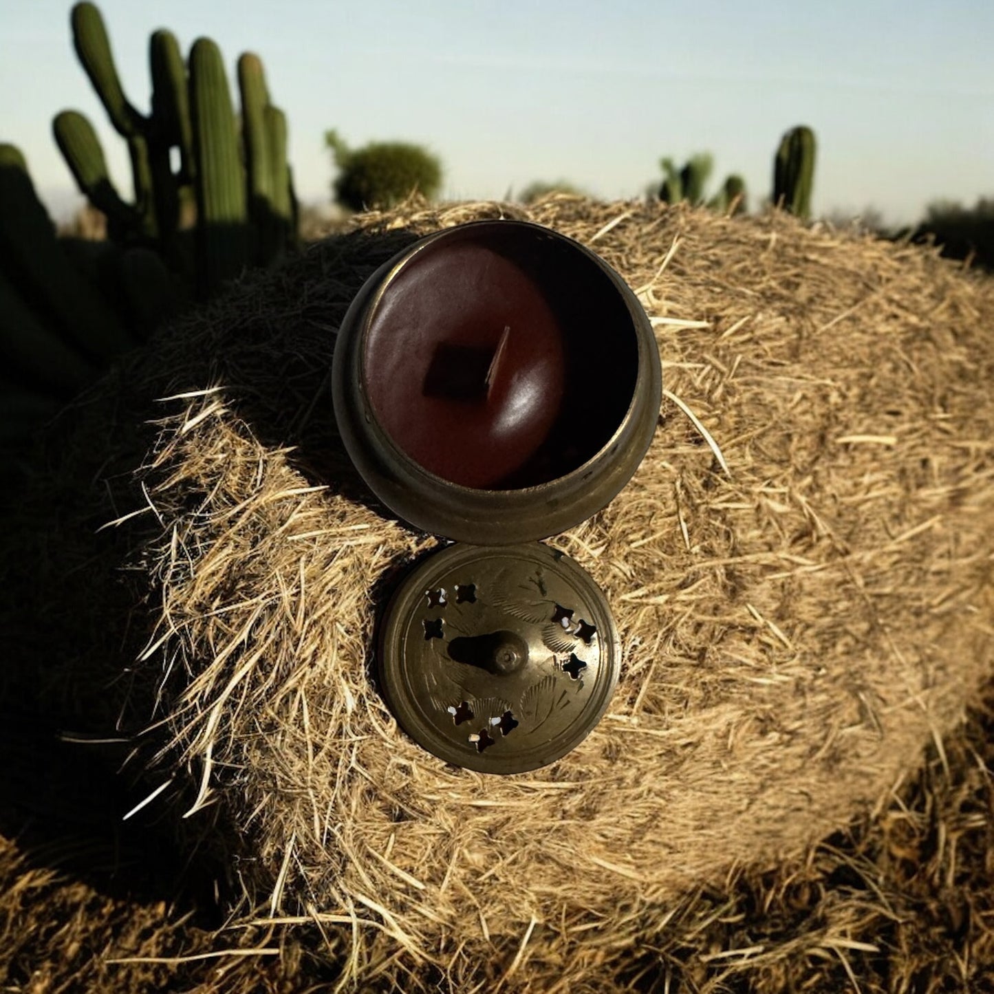 Leather Candle Repurposed Rare Brass Incense Vessel 4fl oz