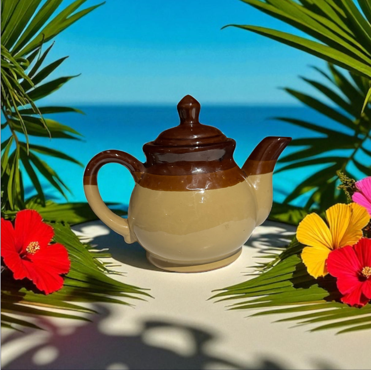 Caribbean Teakwood Repurposed Vintage Stoneware Crock Teapot 22fl oz