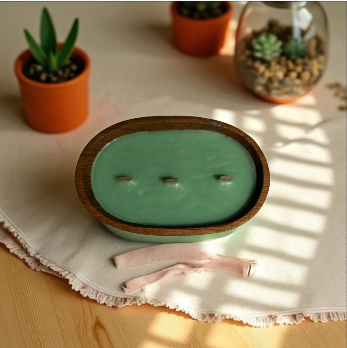 Cactus Flower & Jade Candle 10fl oz Repurposed Wooden Bowl