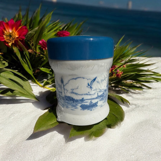 Mediterranean Fig Repurposed Rare Vintage Coastal Scene Milk Glass Jar 38fl oz