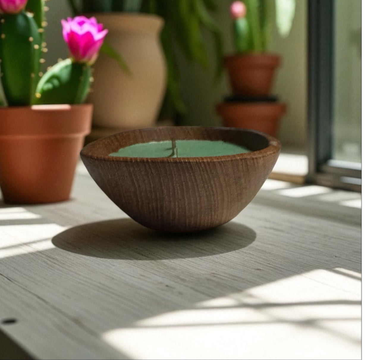 Cactus Flower & Jade Candle 10fl oz Repurposed Wooden Bowl