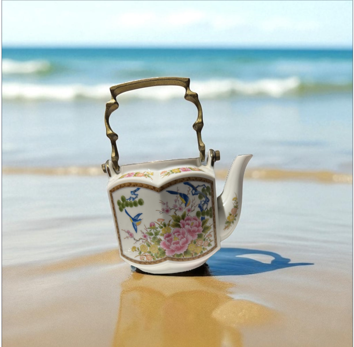Ocean Vibes 32fl oz Candle!! Repurposed Vintage, Rare Japanese Hand Painted Tea Pot Vessel