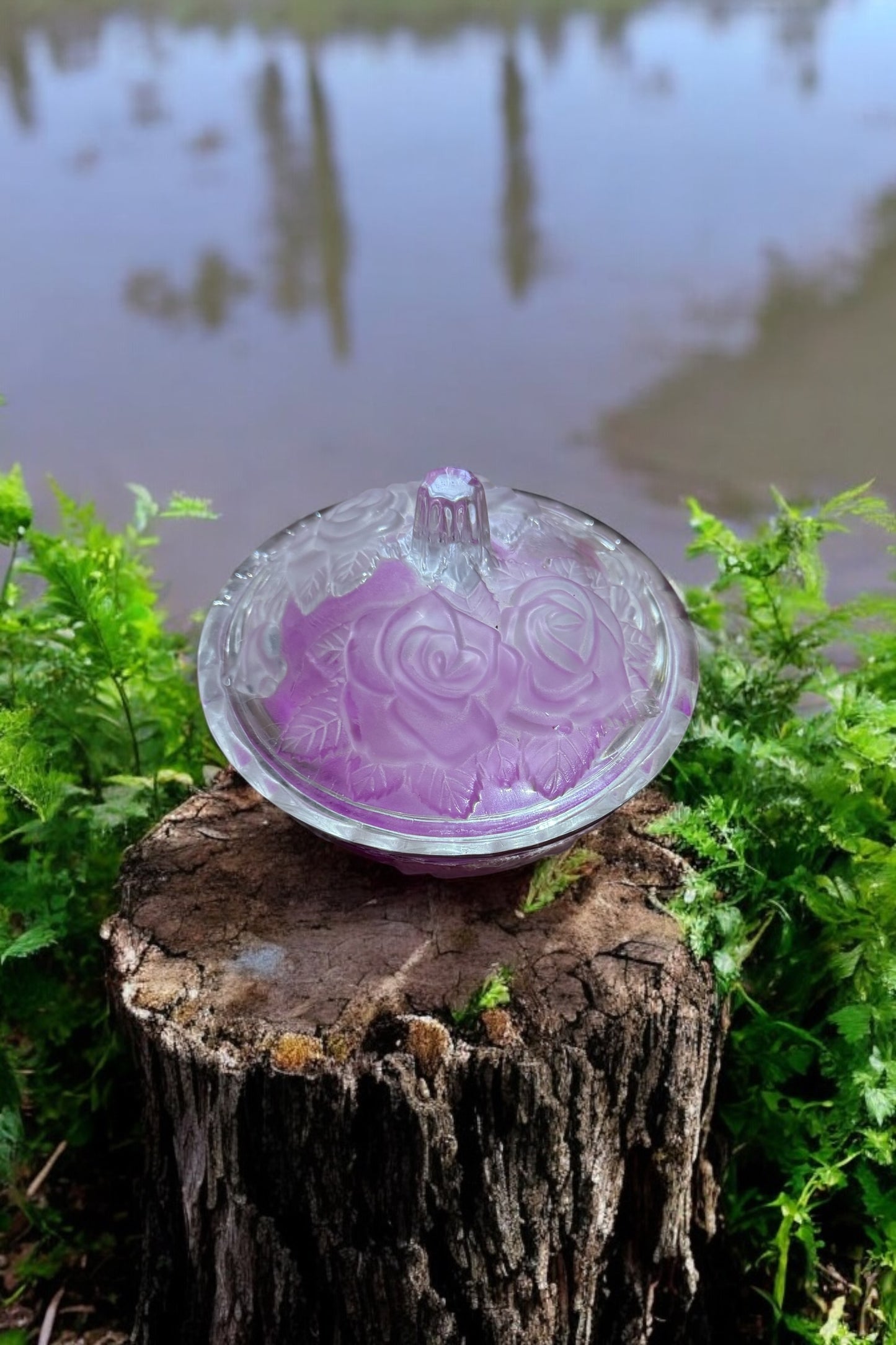 Midnight Moonflowers Repurposed Rare Glass Dish w/Lid Candle 16fl oz