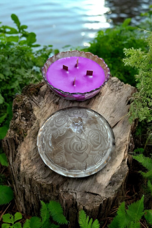 Midnight Moonflowers Repurposed Rare Glass Dish w/Lid Candle 16fl oz