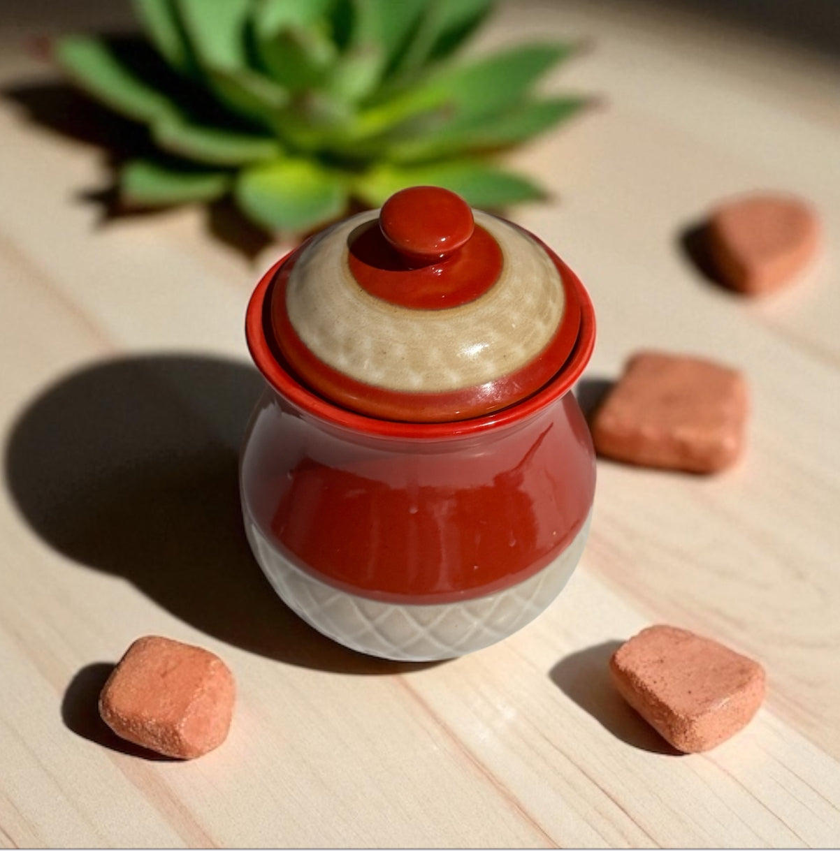 Cactus Flower & Jade Candle 24fl oz Repurposed Vintage Ceramic Red Tan Basket Jar