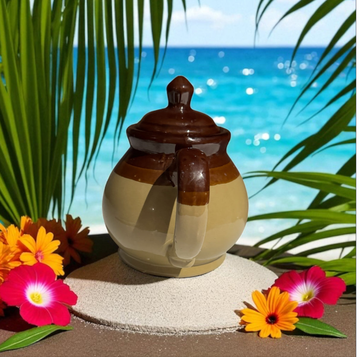 Caribbean Teakwood Repurposed Vintage Stoneware Crock Teapot 22fl oz