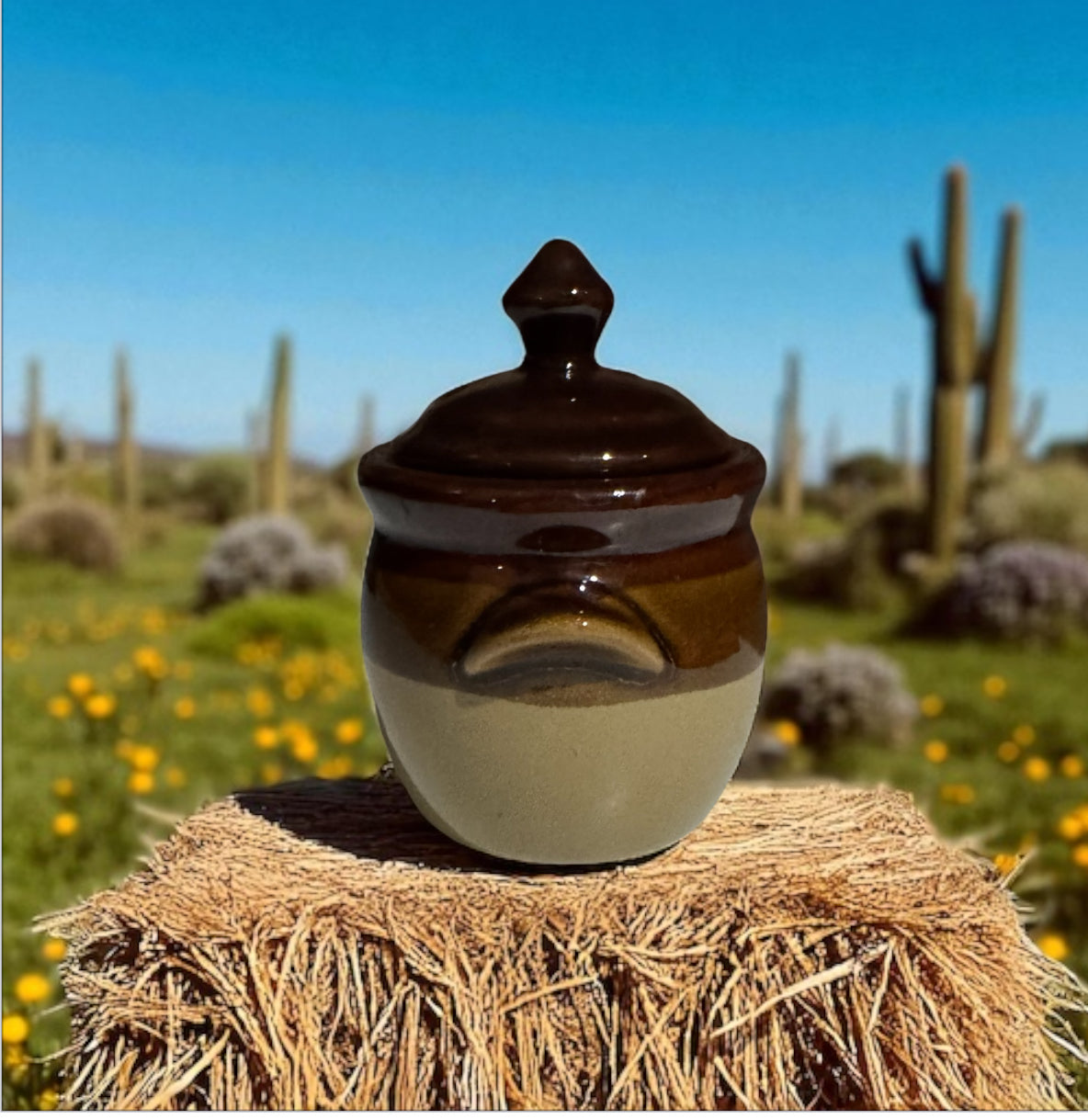 Leather 6fl oz Repurposed Vintage Mini Crock Stoneware