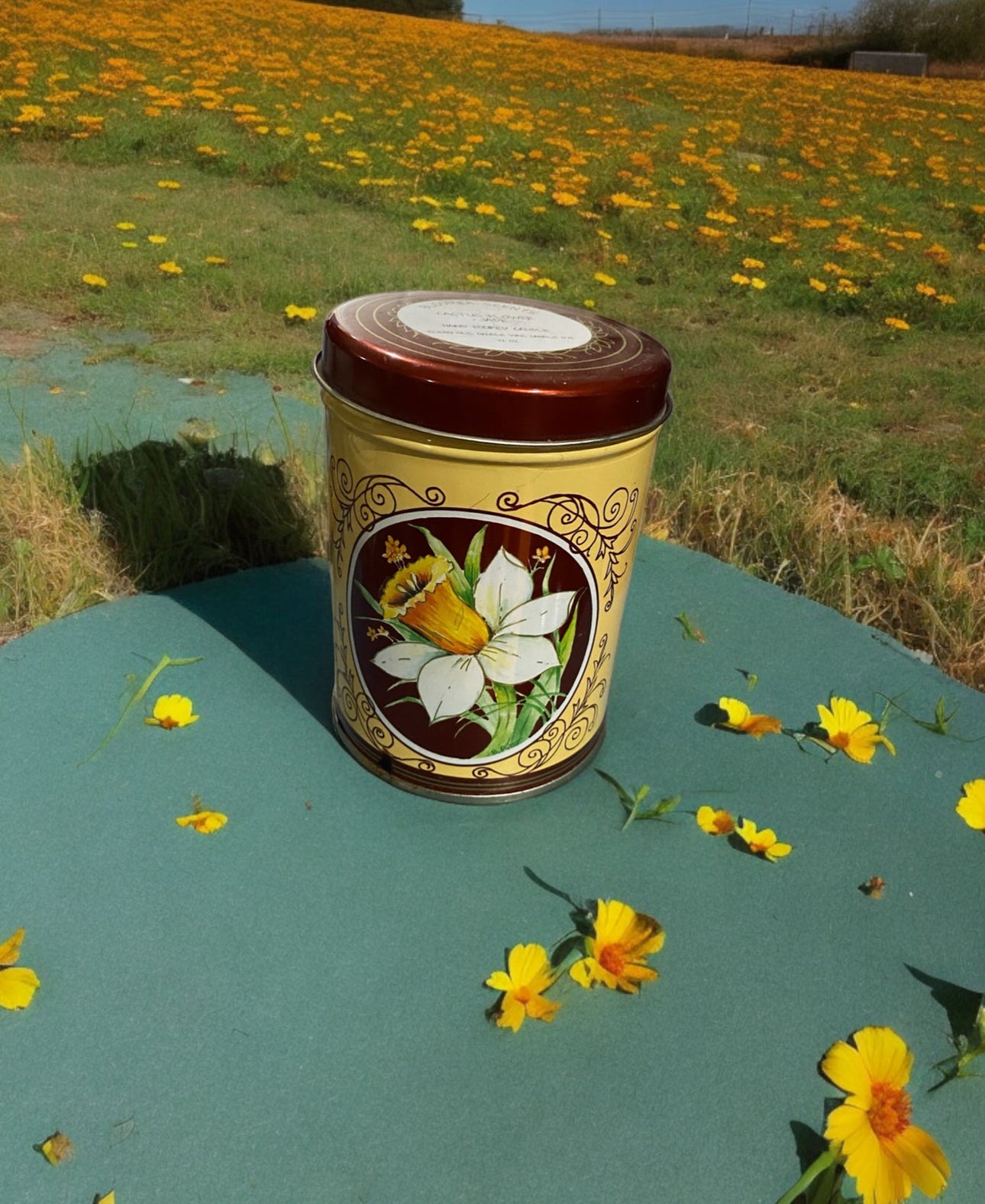 Cactus Flower and Jade Candle 22fl oz Repurposed Floral Vintage Tin