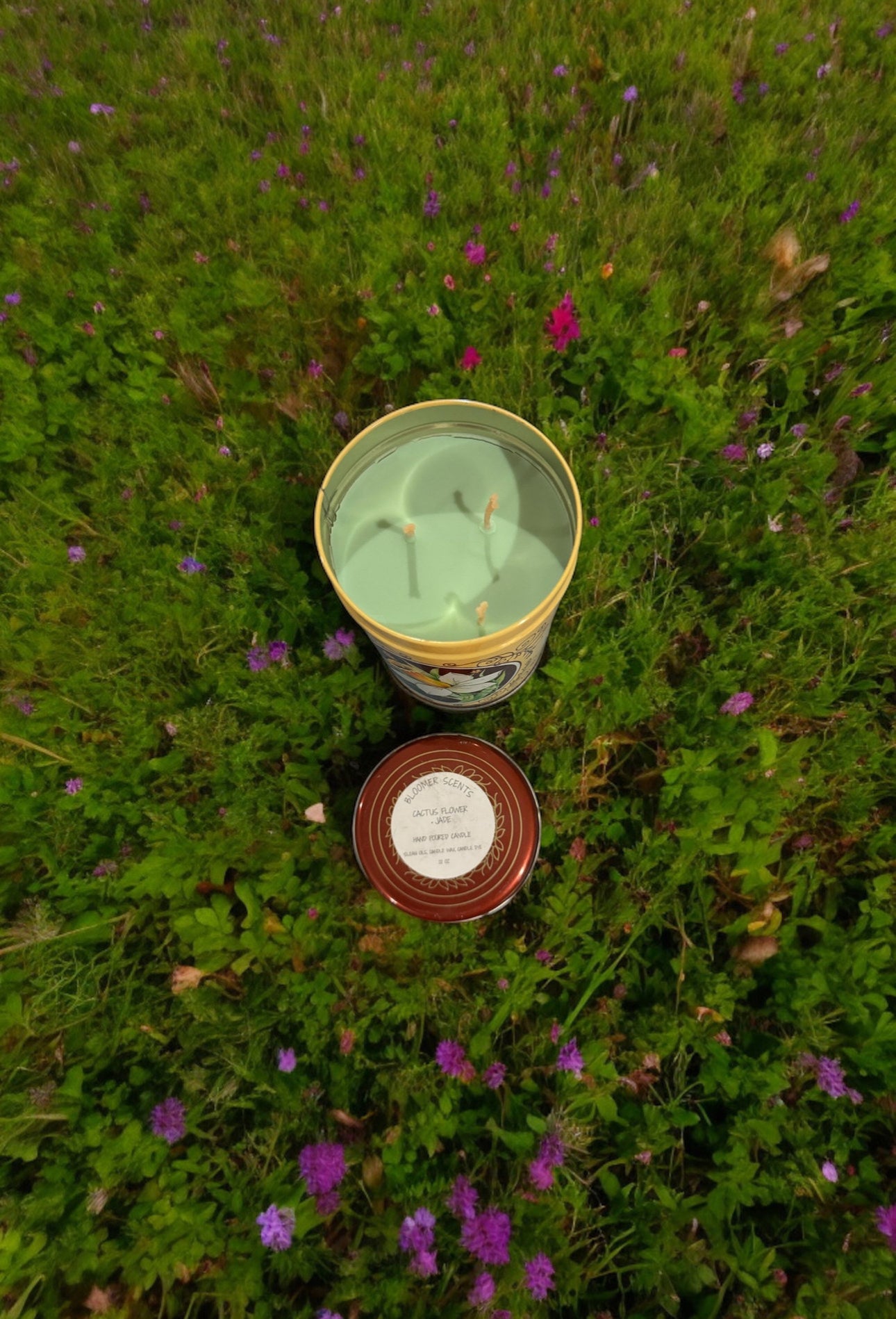 Cactus Flower and Jade Candle 22fl oz Repurposed Floral Vintage Tin