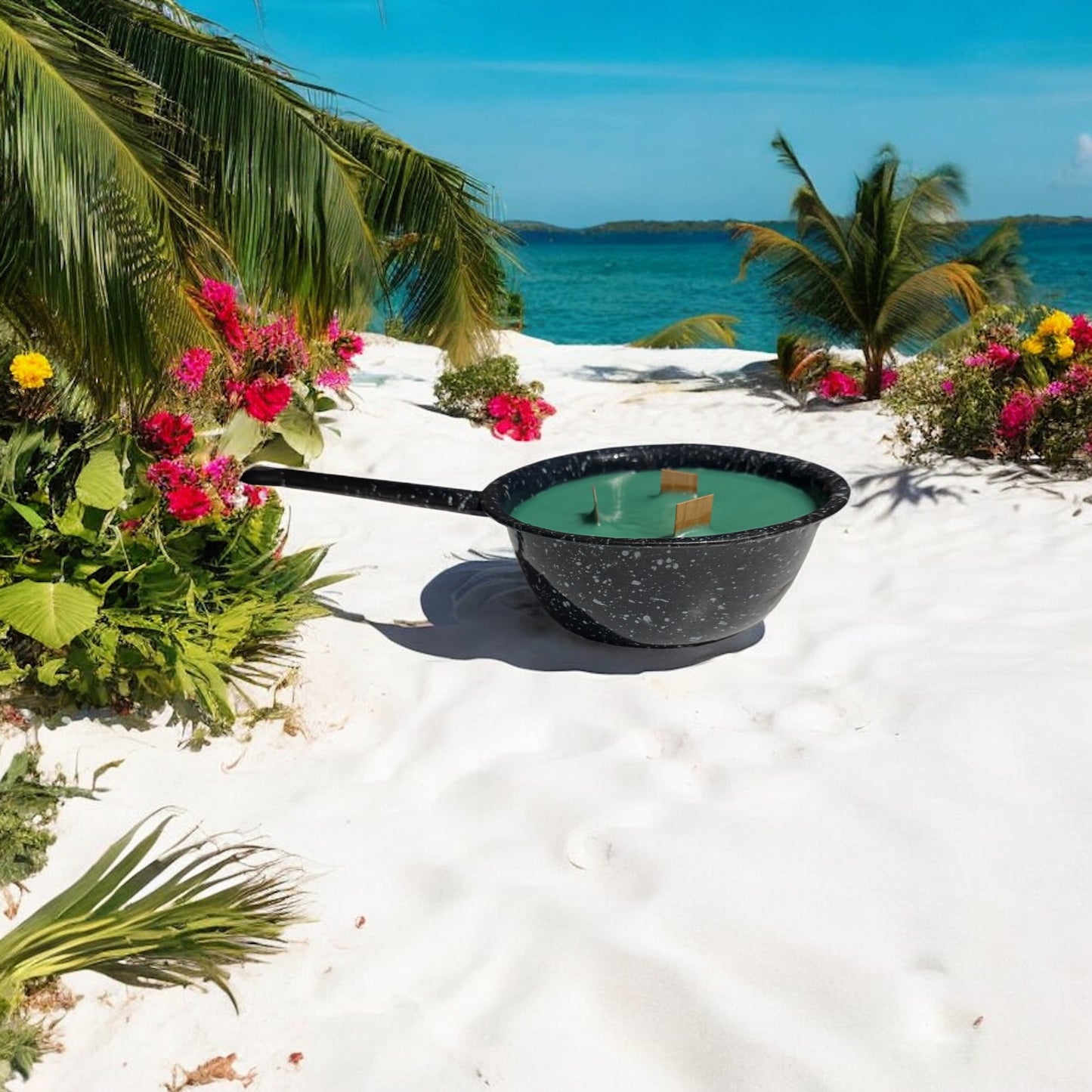 Sicilian Sea Breeze Repurposed Blue Speckled Enamel Campfire Pan 12fl oz