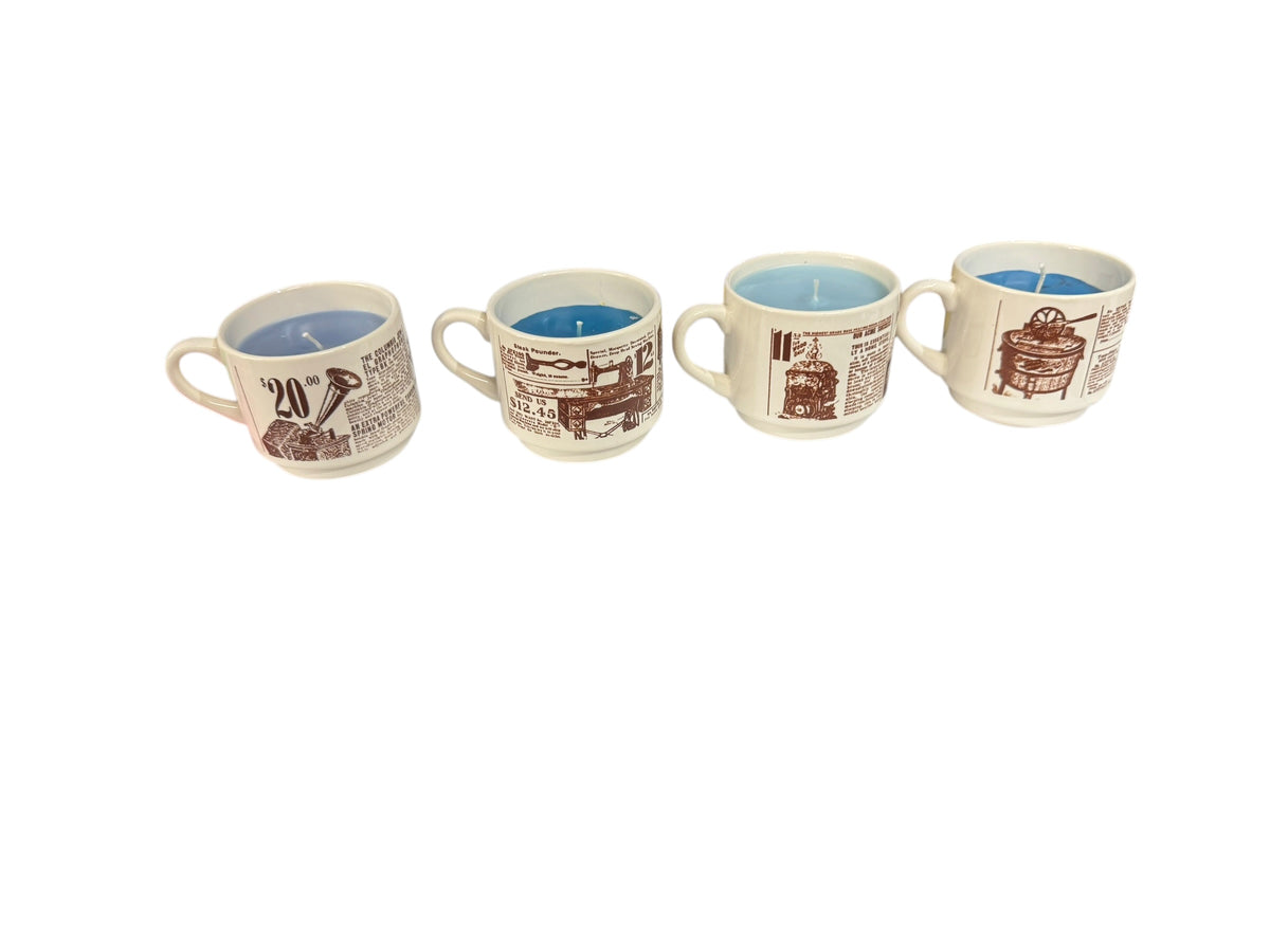 Handmade Candle Set in Repurposed Vintage Mugs, Blue, 4-6 fl oz, 4 Pack, Linen & Lace, Sparkling Kitchen, Caribbean Teakwood, Prickly Pear Paradise
