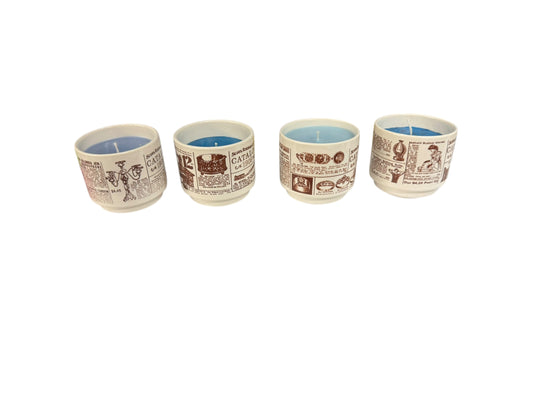 Handmade Candle Set in Repurposed Vintage Mugs, Blue, 4-6 fl oz, 4 Pack, Linen & Lace, Sparkling Kitchen, Caribbean Teakwood, Prickly Pear Paradise