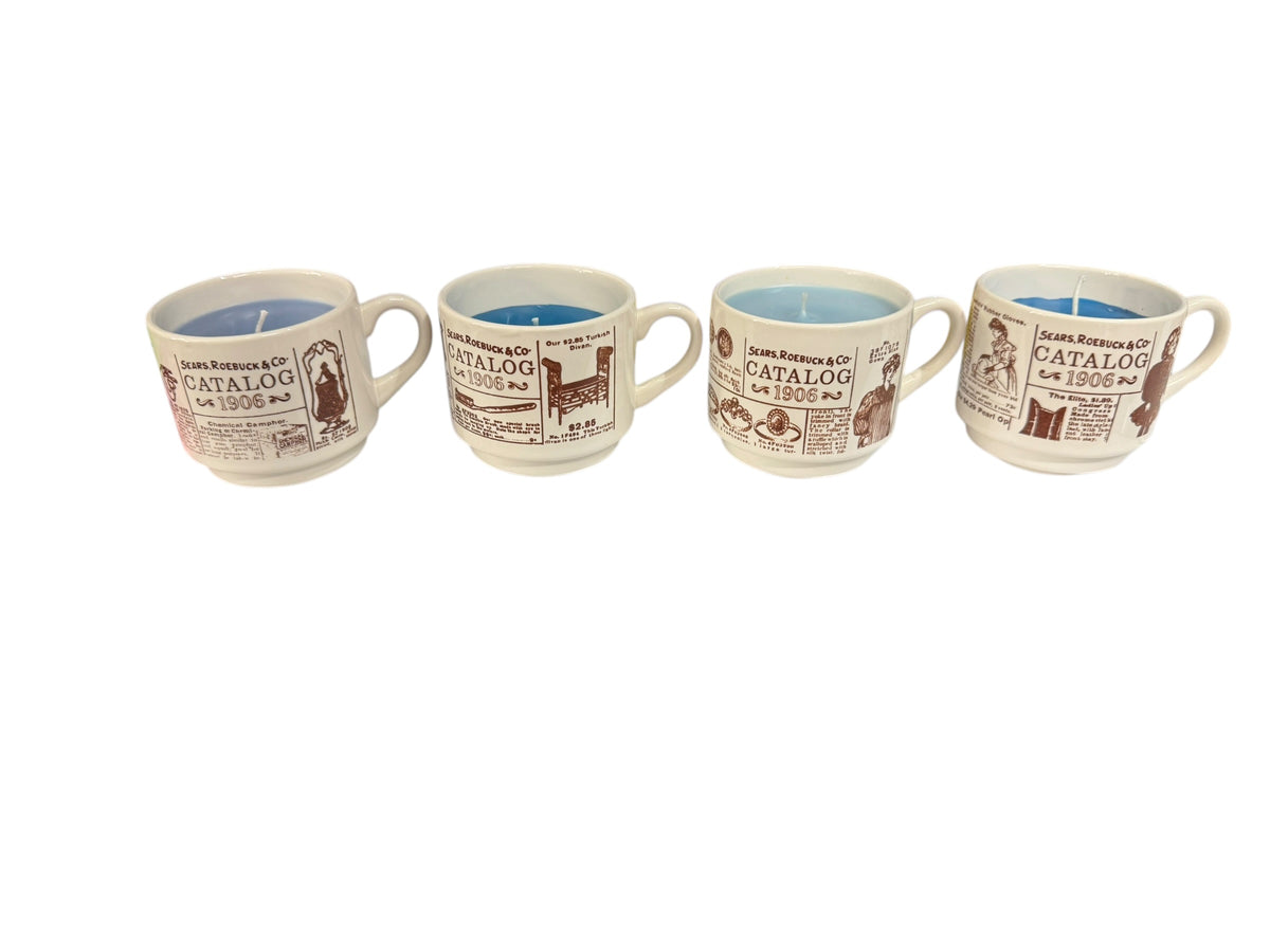 Handmade Candle Set in Repurposed Vintage Mugs, Blue, 4-6 fl oz, 4 Pack, Linen & Lace, Sparkling Kitchen, Caribbean Teakwood, Prickly Pear Paradise