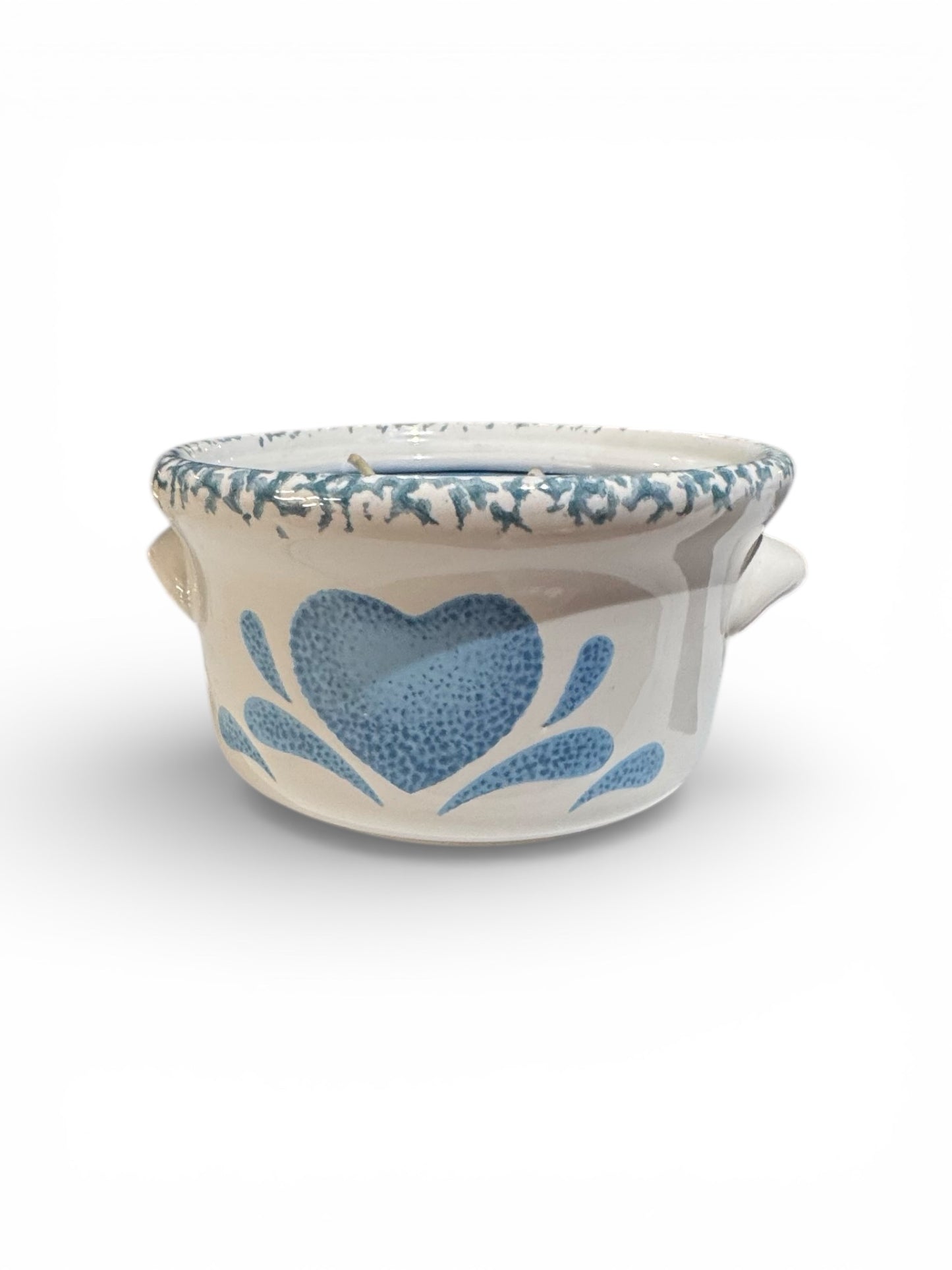 Handmade Butt Naked Candle, Repurposed Vintage White Stoneware with Blue Heart Design, 16 fl oz
