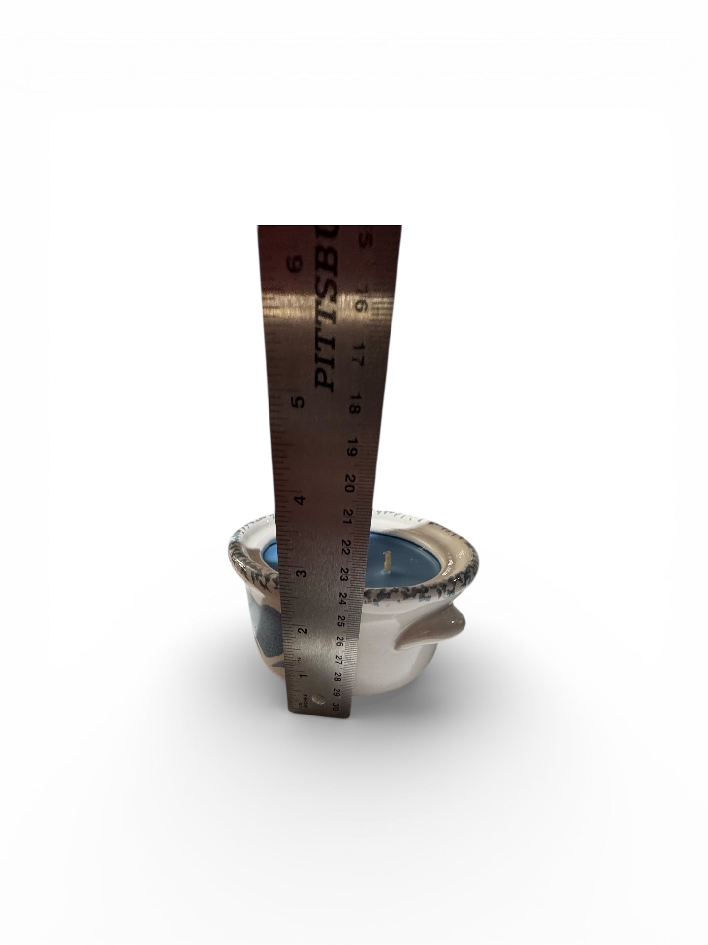 Handmade Butt Naked Candle, Repurposed Vintage White Stoneware with Blue Heart Design, 16 fl oz