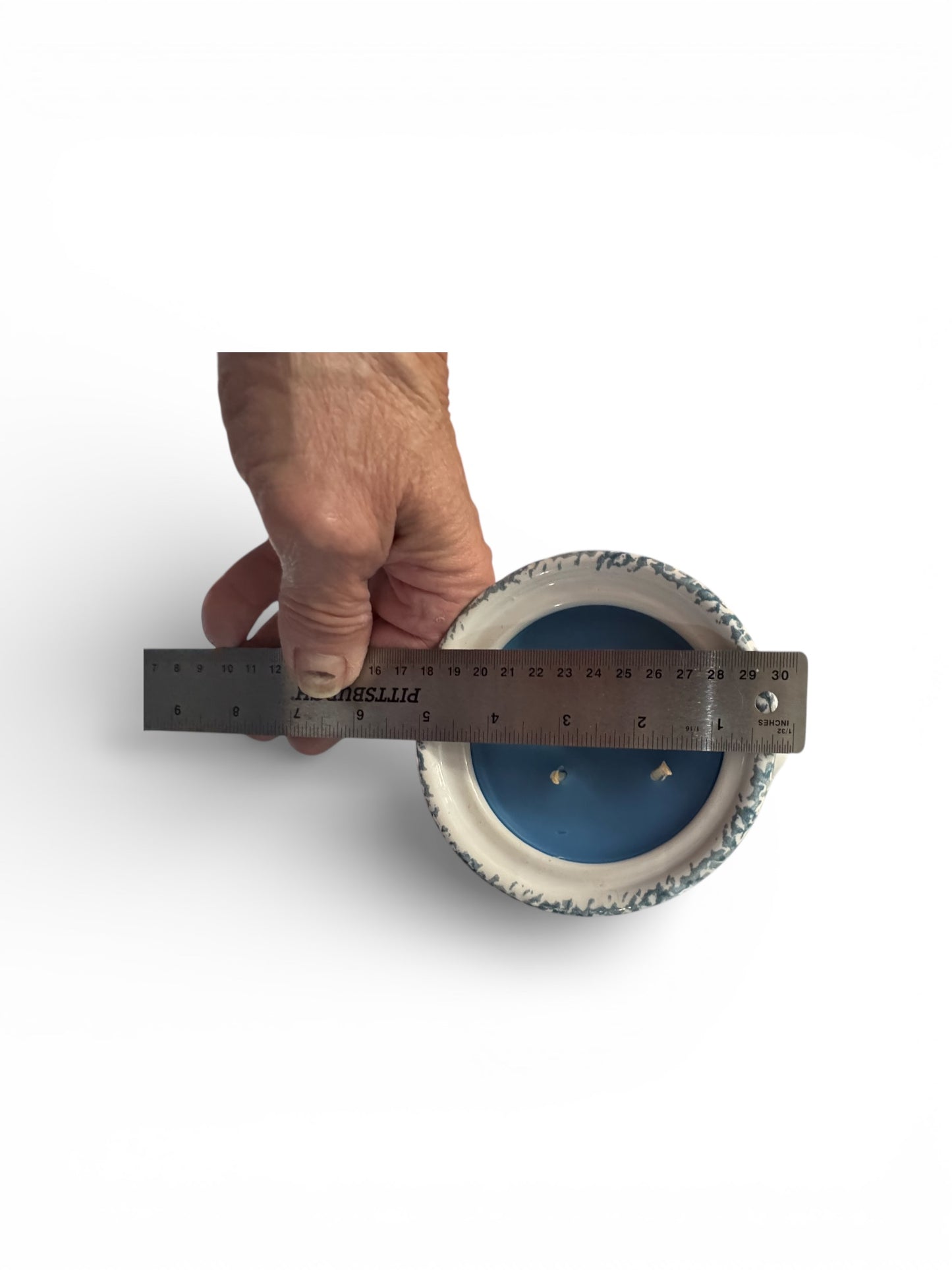 Handmade Butt Naked Candle, Repurposed Vintage White Stoneware with Blue Heart Design, 16 fl oz