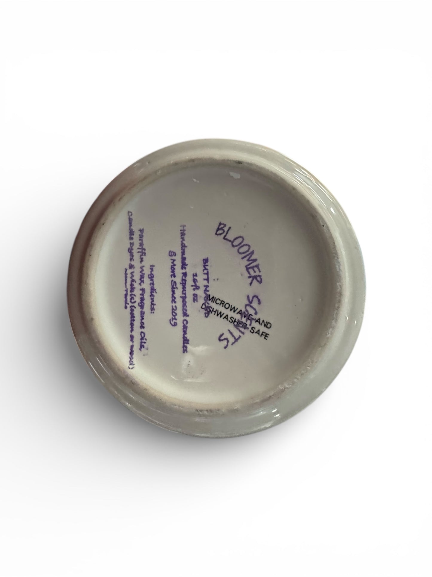 Handmade Butt Naked Candle, Repurposed Vintage White Stoneware with Blue Heart Design, 16 fl oz