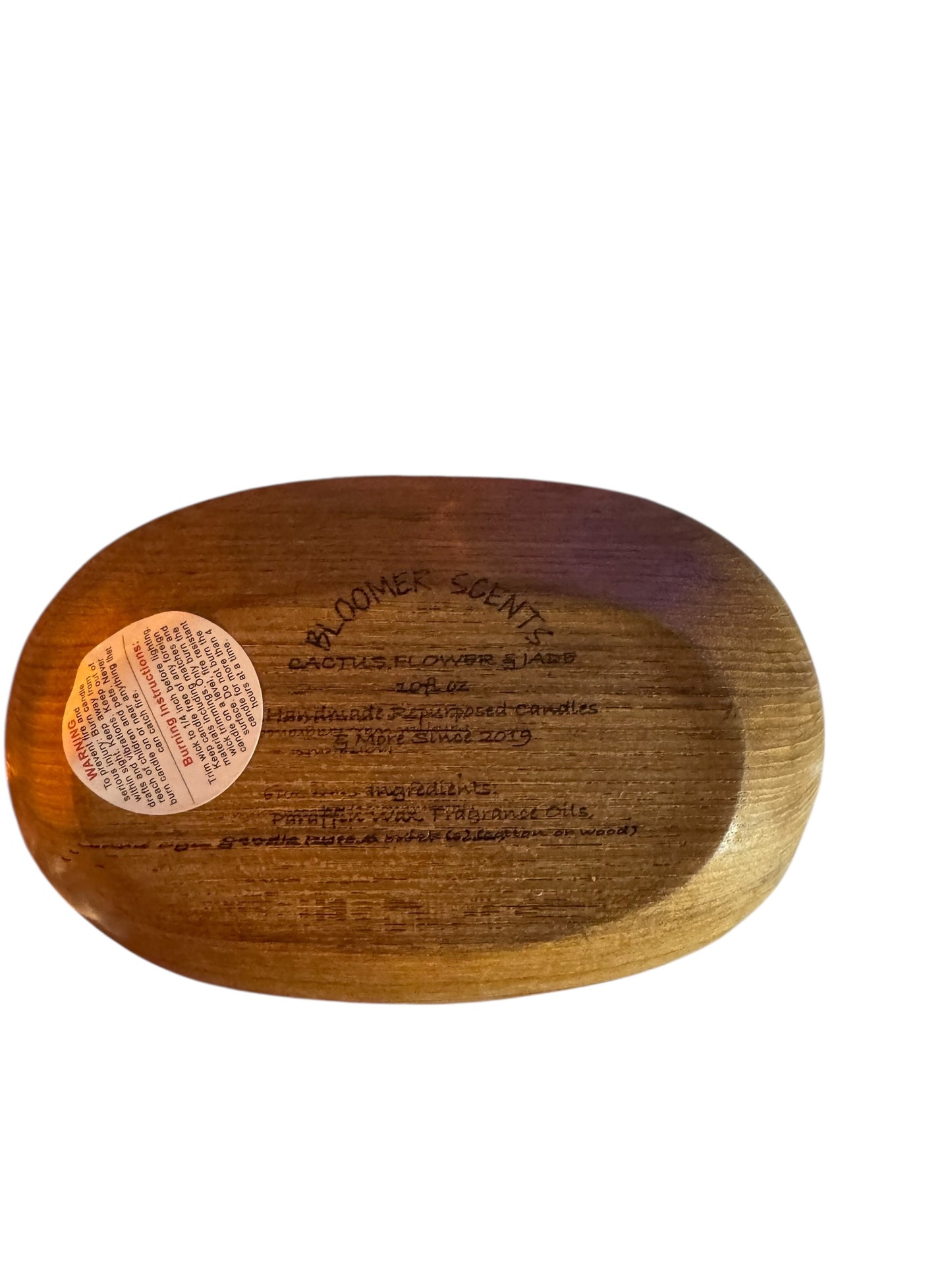 Handmade Cactus Flower & Jade Candle, Repurposed Vintage Wooden Bowl, 10 fl oz, Wood Wicks
