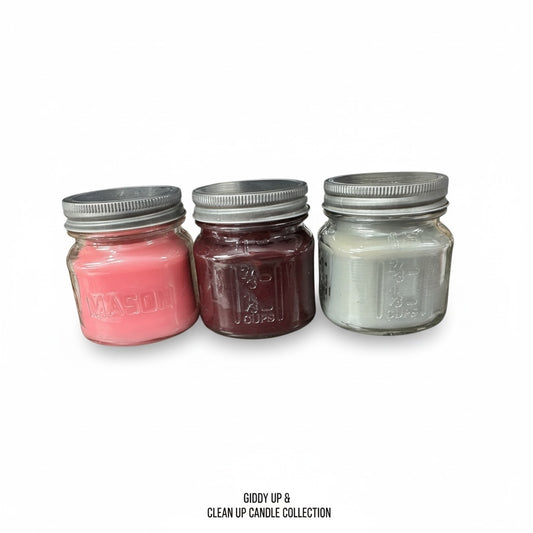 Giddy Up & Clean Up Mason Jar Candle Set, Cowboy, Leather & Lace, Odor Eliminator, 8 oz, 3 Pack
