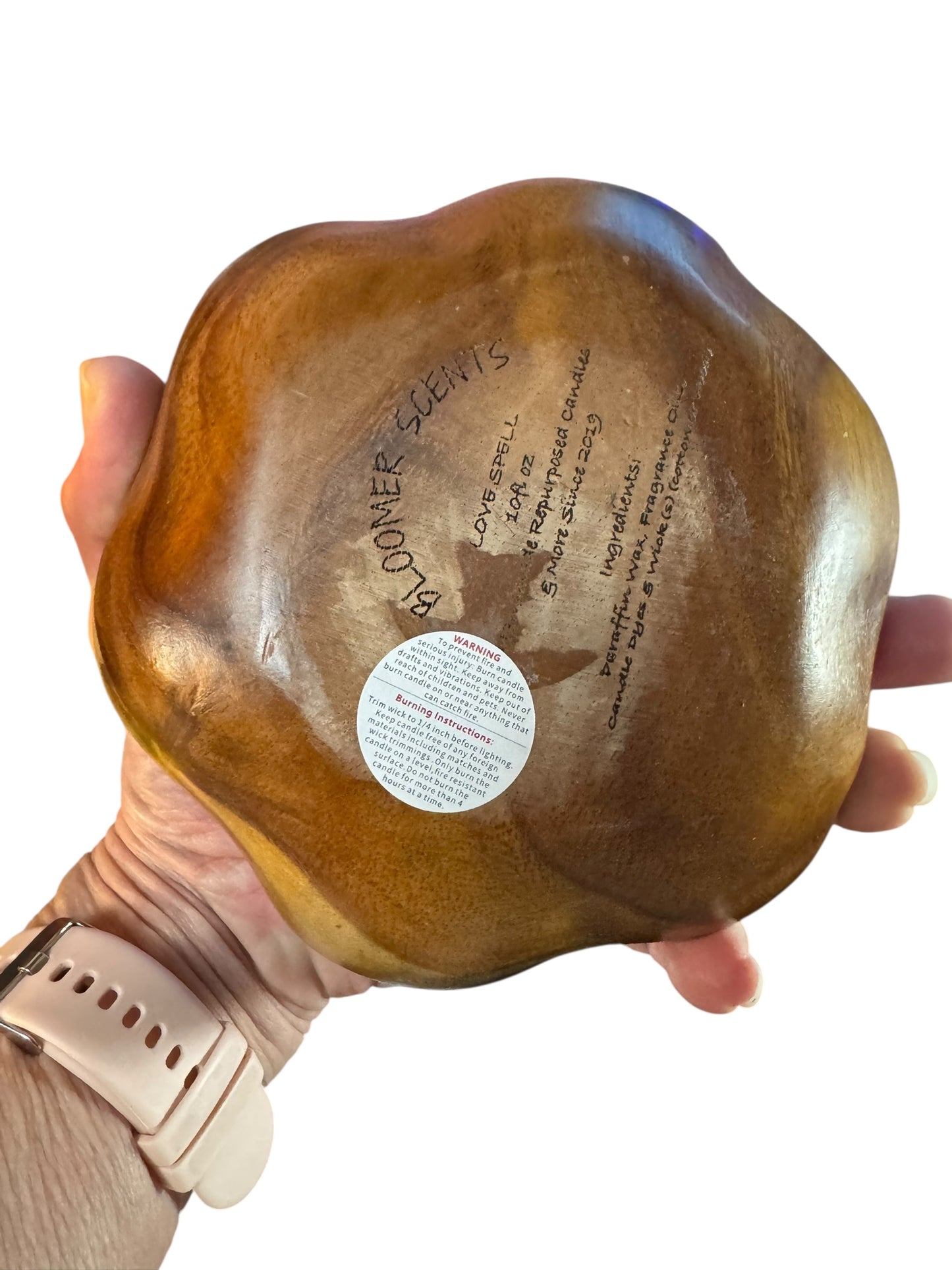 Bloomer Scents Love Spell Candle, Handmade in Vintage Wooden Bowl, Pink, 10 fl oz, Wood Wicks, Scalloped Edge, Non-Toxic