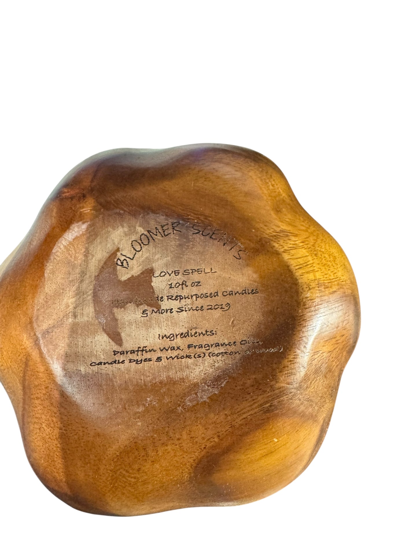 Bloomer Scents Love Spell Candle, Handmade in Vintage Wooden Bowl, Pink, 10 fl oz, Wood Wicks, Scalloped Edge, Non-Toxic