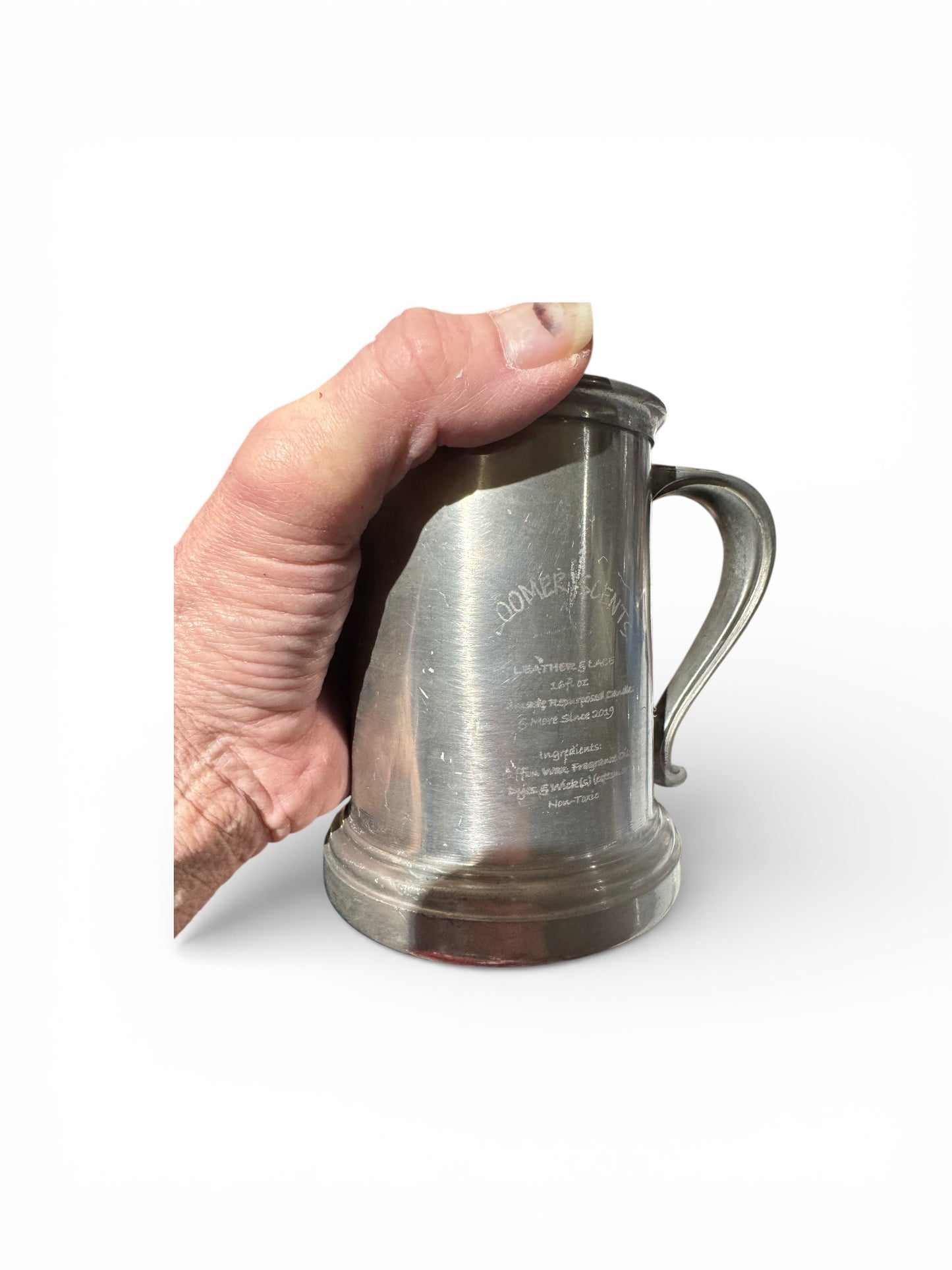 Handmade Leather & Lace Scented Candle, Repurposed Vintage Pewter Stein, 16 fl oz