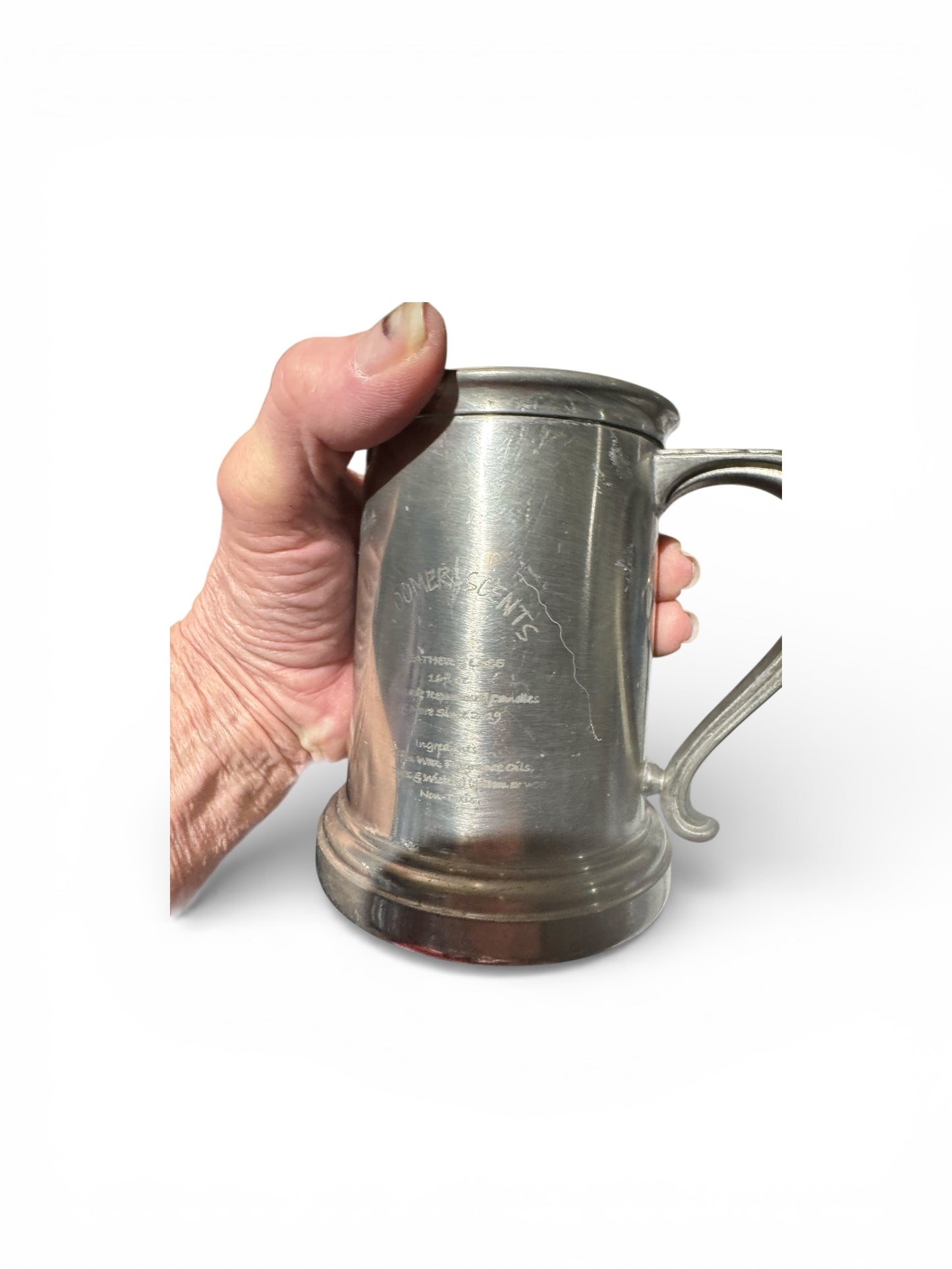 Handmade Leather & Lace Scented Candle, Repurposed Vintage Pewter Stein, 16 fl oz