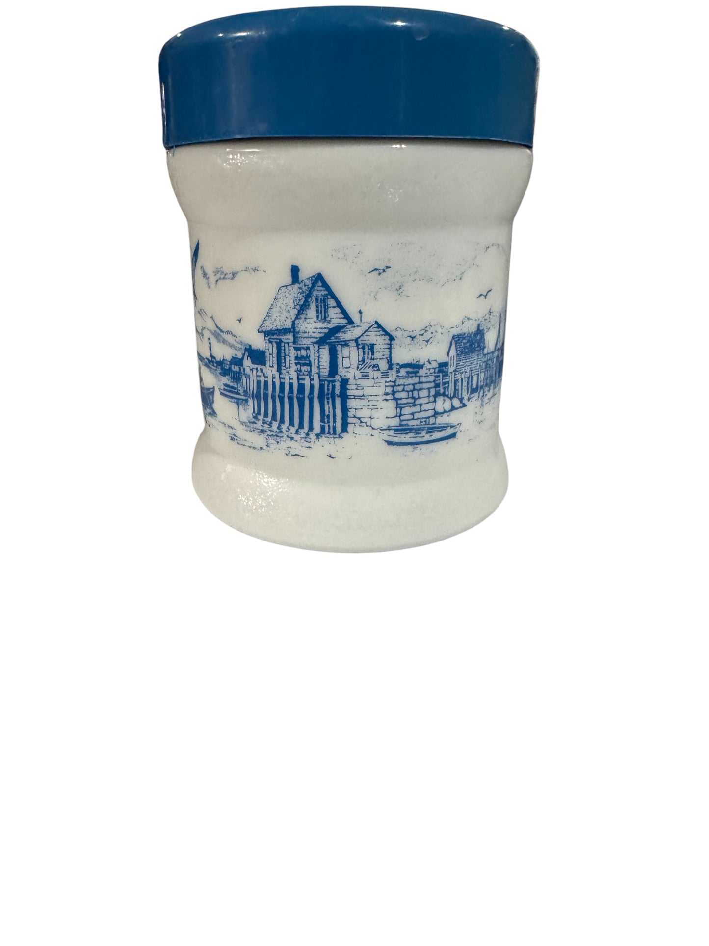 Mediterranean Fig Repurposed Rare Vintage Coastal Scene Milk Glass Jar 38fl oz