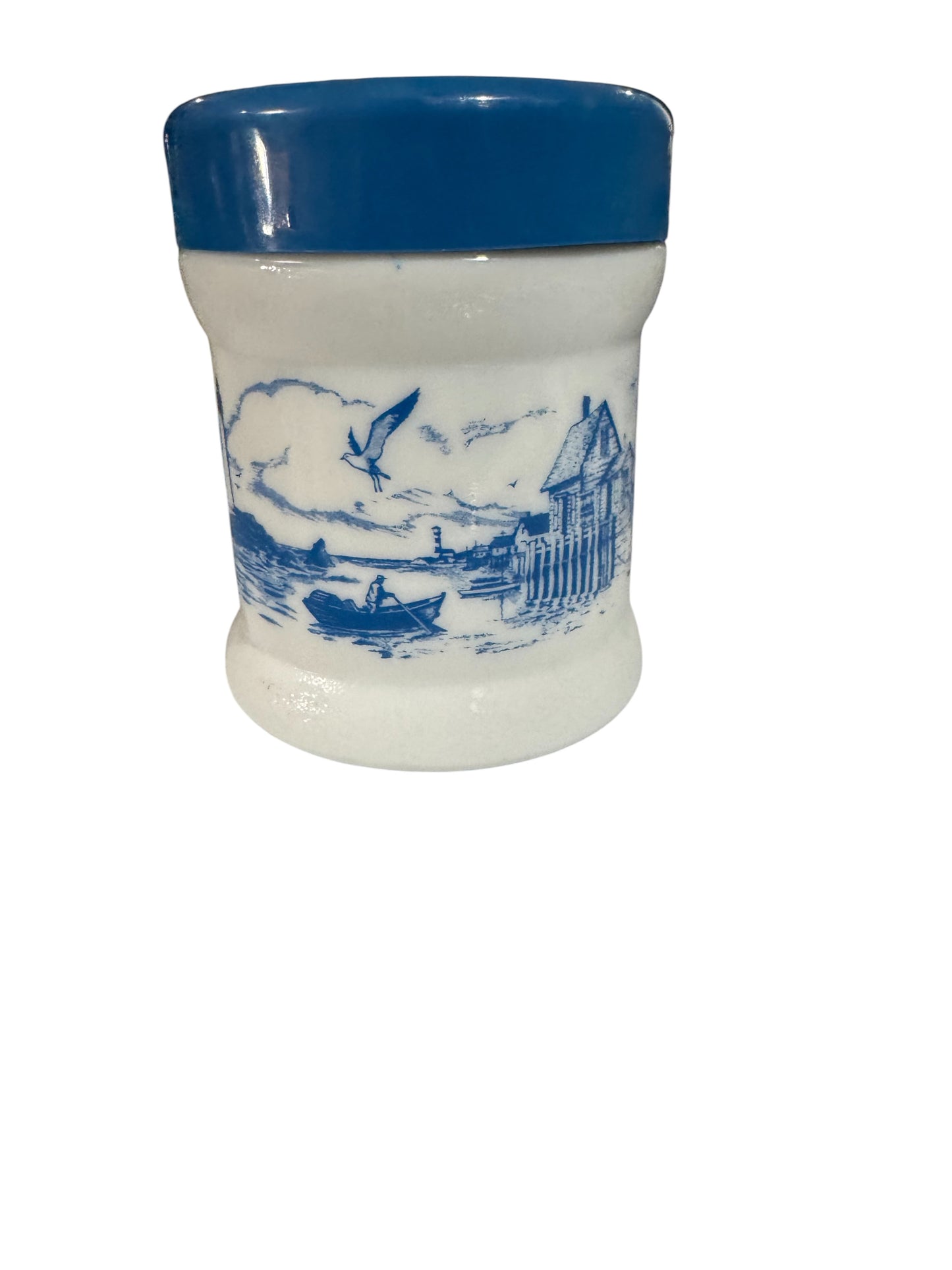 Mediterranean Fig Repurposed Rare Vintage Coastal Scene Milk Glass Jar 38fl oz