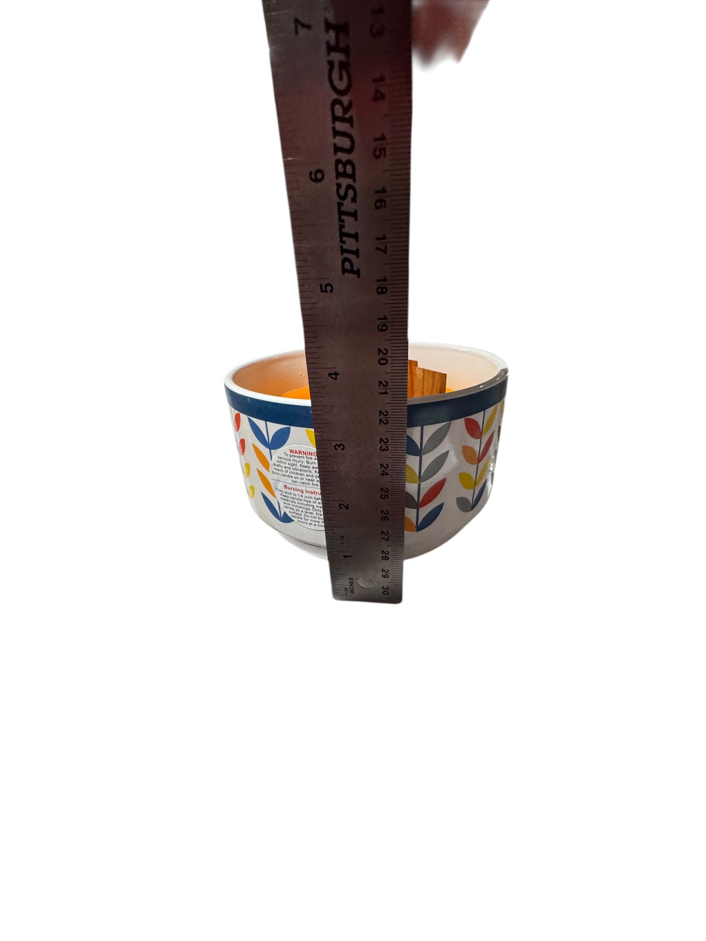 Handmade Orange Blossom Candle, Repurposed Ceramic Bowl, Colorful Leaf Pattern, 24 fl oz, 4 Wicks