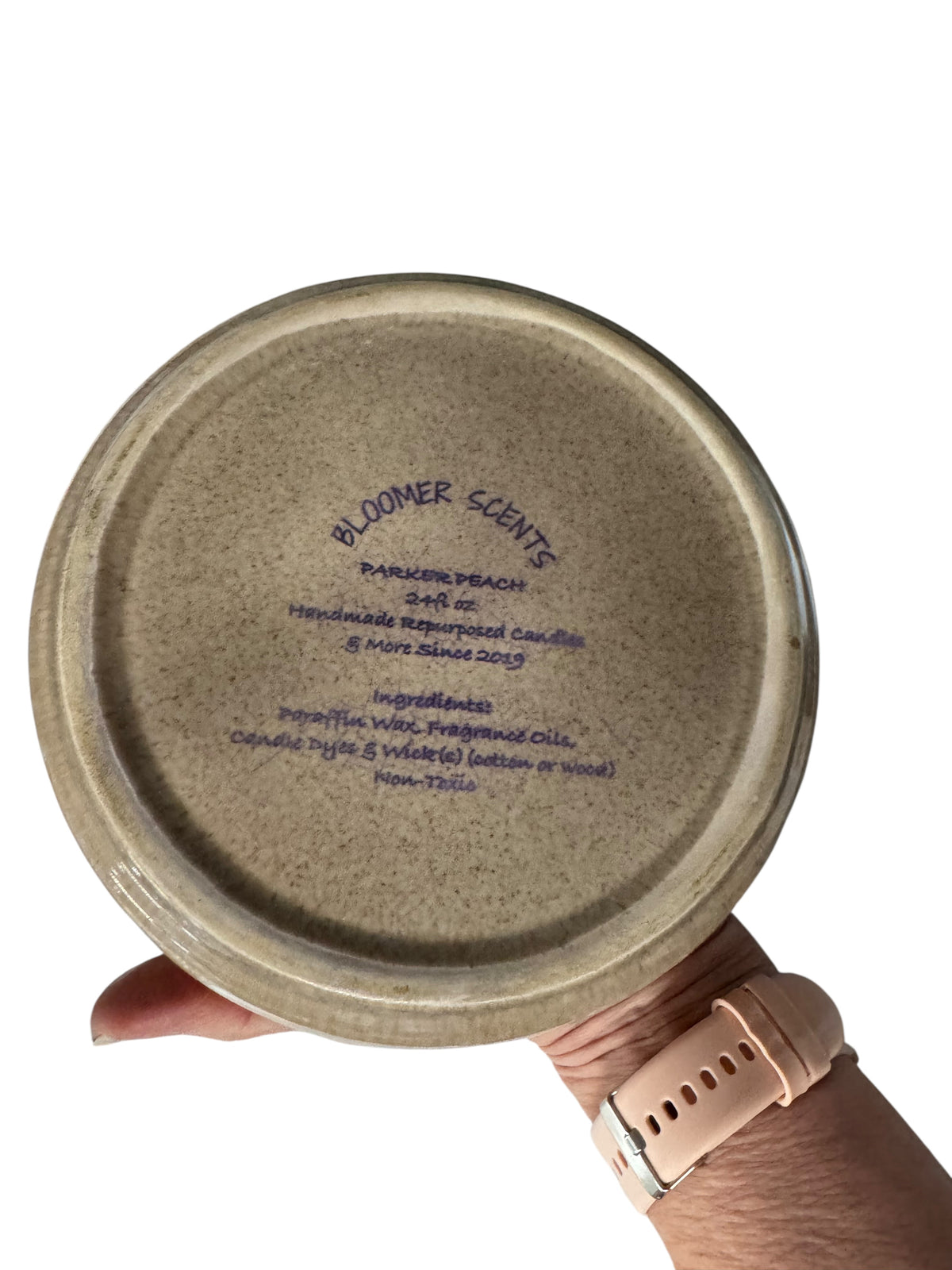 Parker Peach Candle in Repurposed Vintage Stoneware Bowl with Matching Lid, 24 fl oz