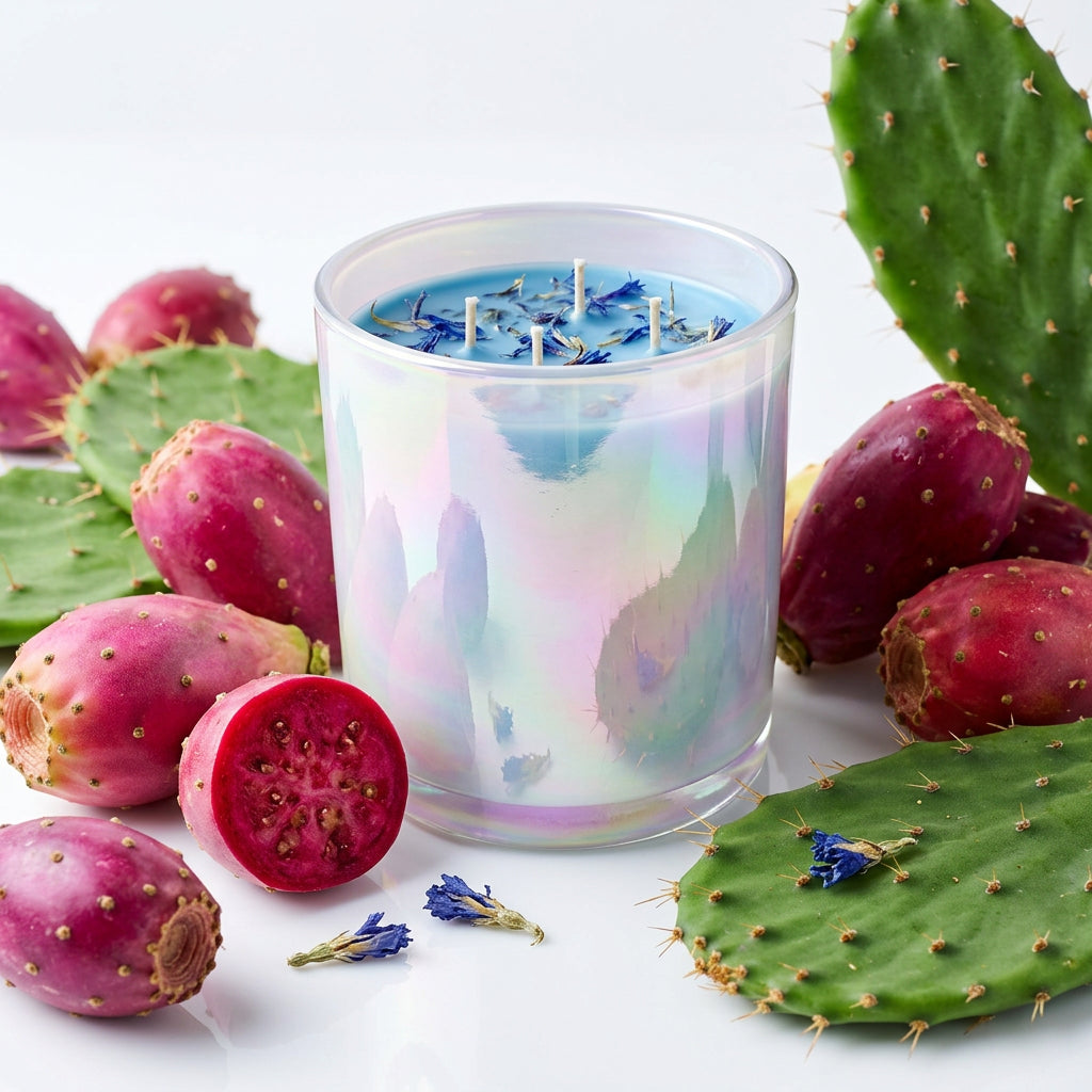 Iridescent glass candle on a white background