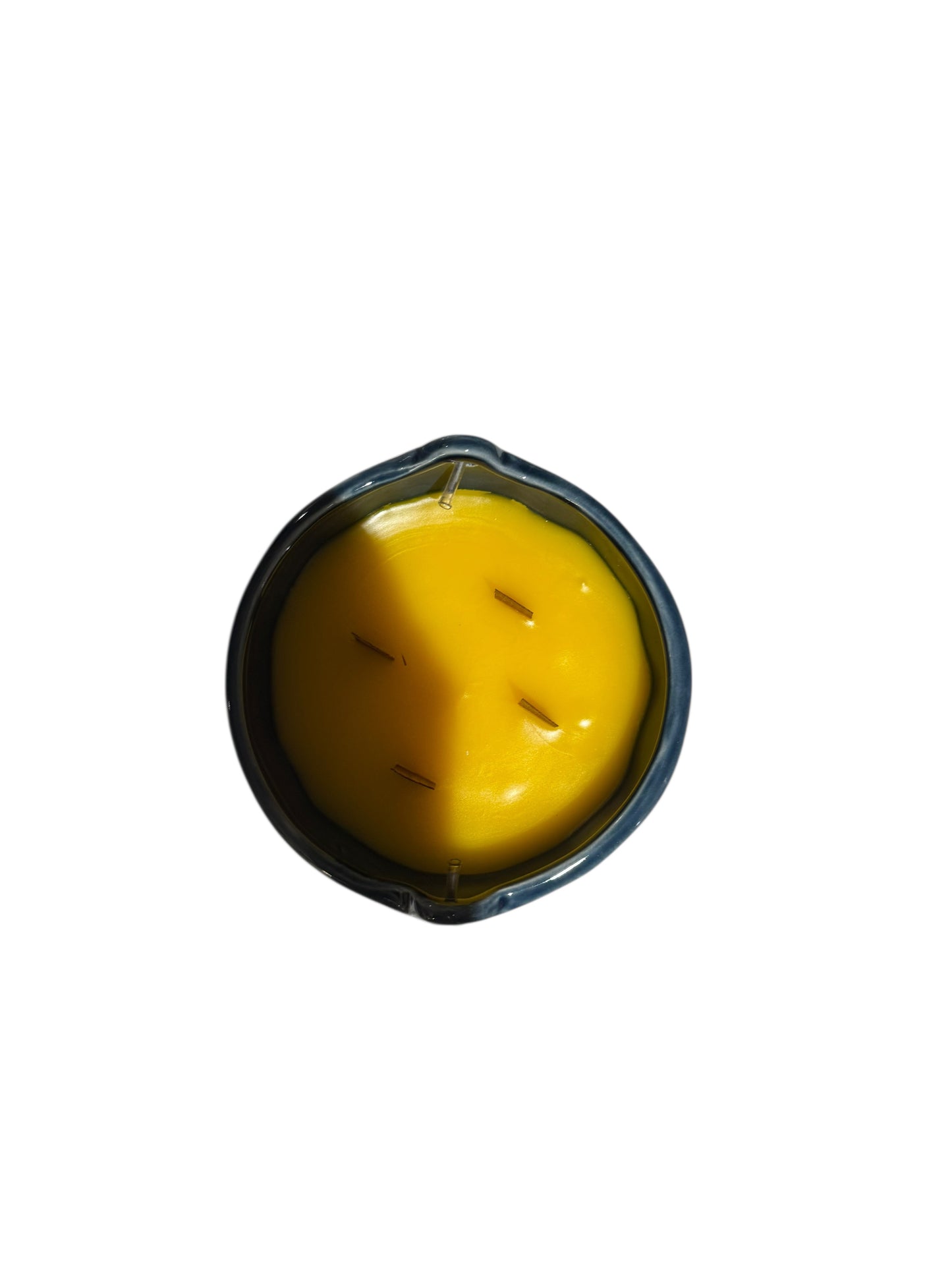 Handmade Rays of Sunshine Candle, 18 fl oz, Repurposed Glazed Pottery Vessel with Handle, Yellow