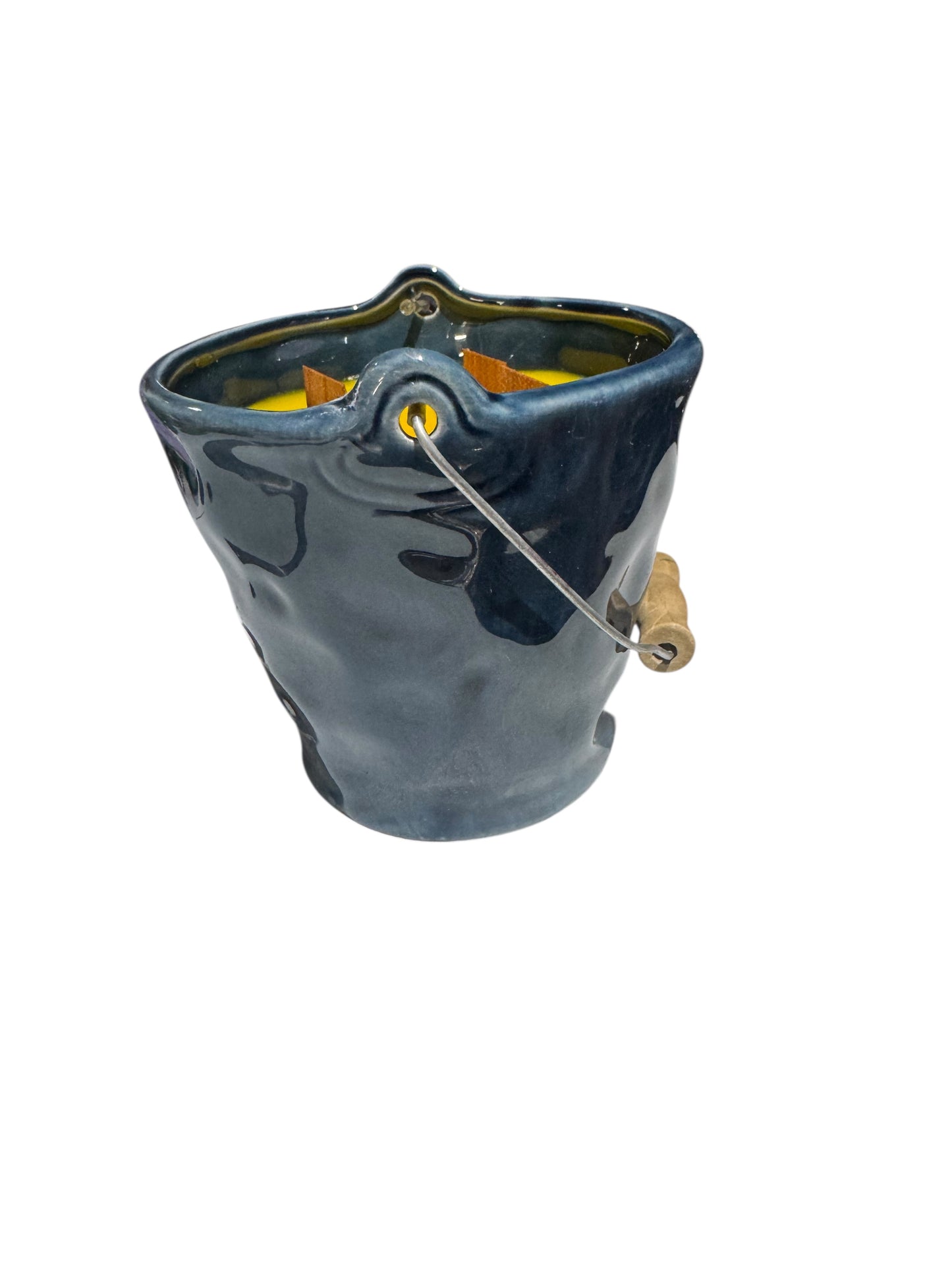 Handmade Rays of Sunshine Candle, 18 fl oz, Repurposed Glazed Pottery Vessel with Handle, Yellow