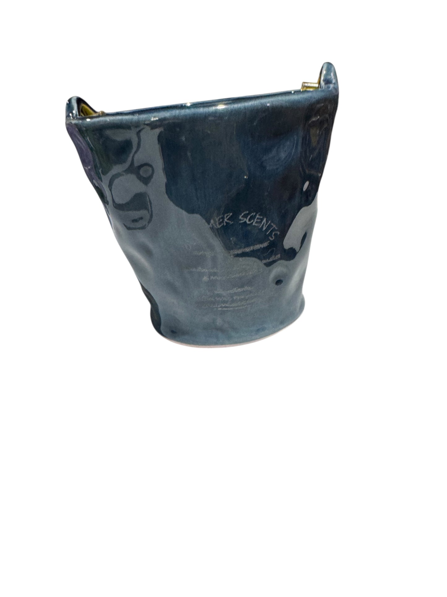 Handmade Rays of Sunshine Candle, 18 fl oz, Repurposed Glazed Pottery Vessel with Handle, Yellow