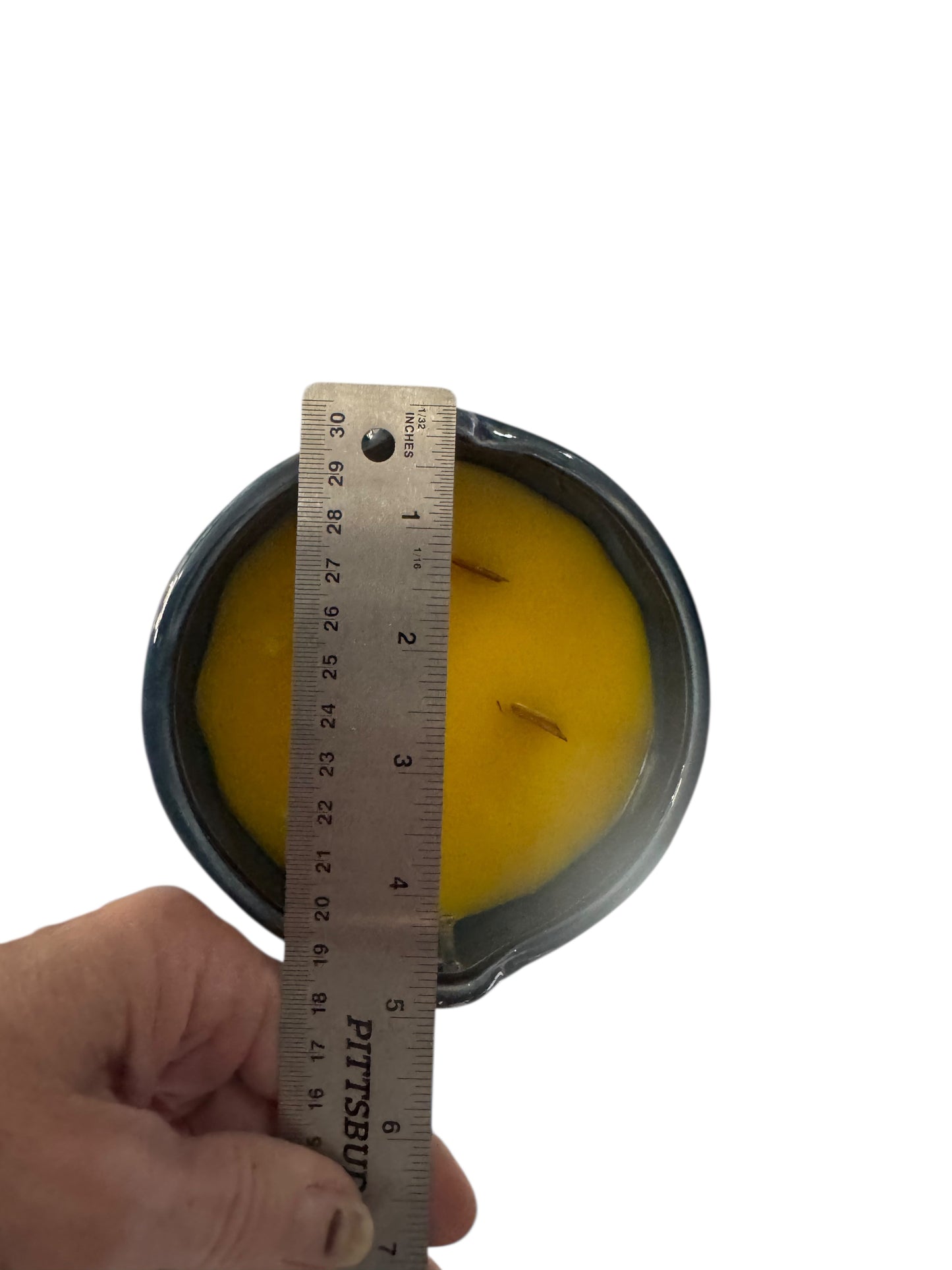 Handmade Rays of Sunshine Candle, 18 fl oz, Repurposed Glazed Pottery Vessel with Handle, Yellow