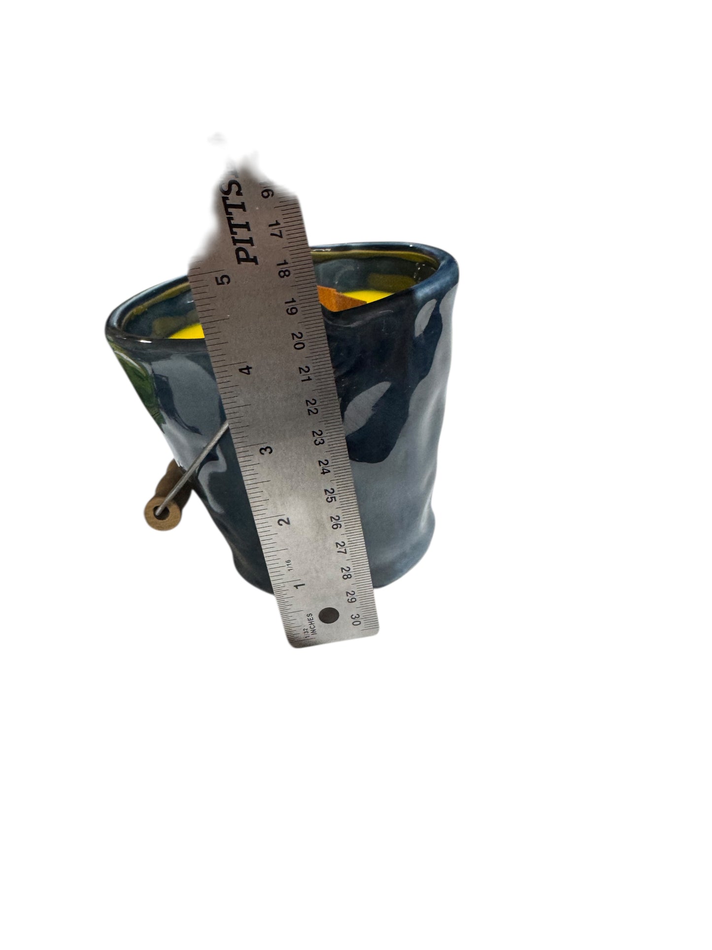 Handmade Rays of Sunshine Candle, 18 fl oz, Repurposed Glazed Pottery Vessel with Handle, Yellow